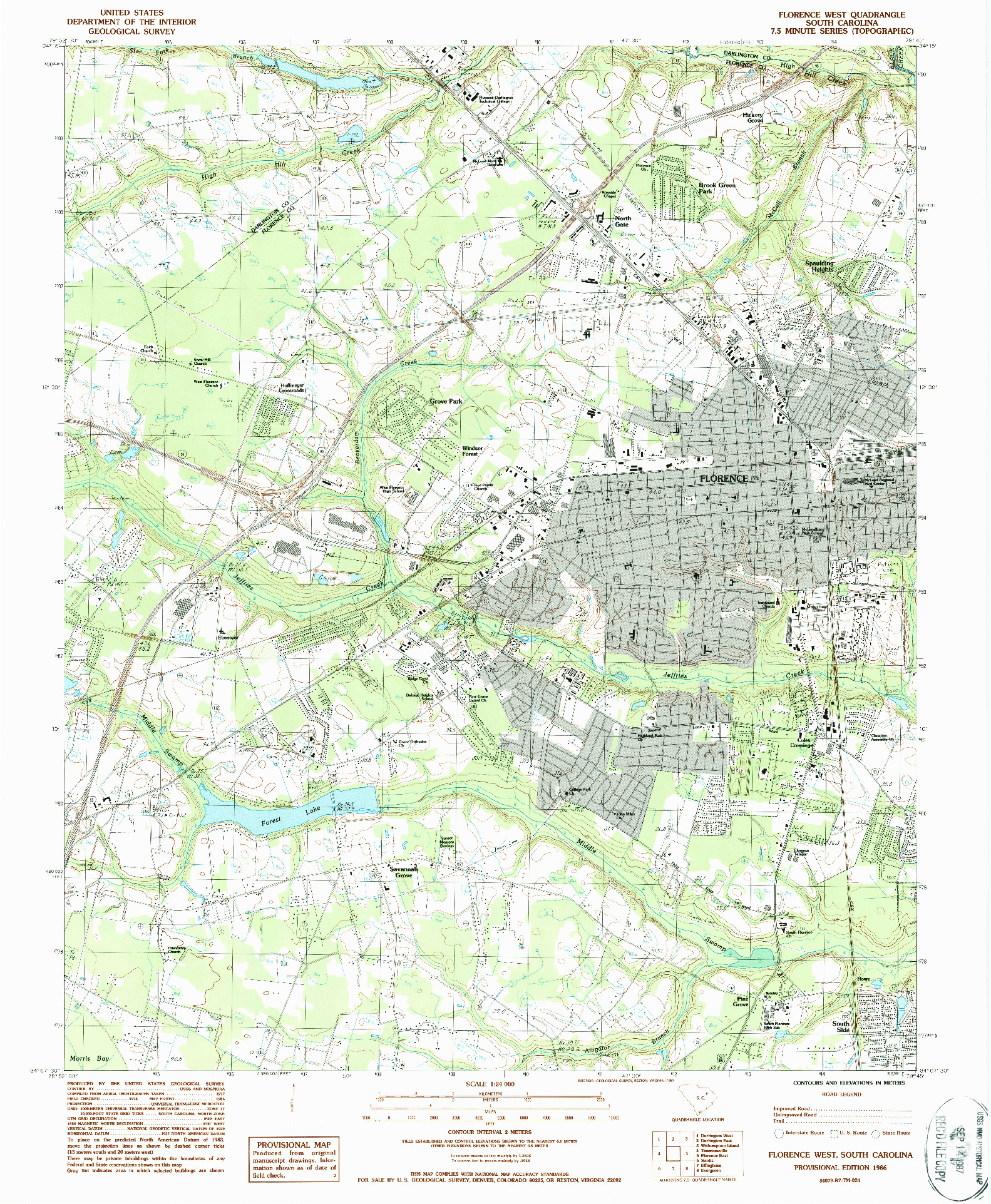 USGS 1:24000-SCALE QUADRANGLE FOR FLORENCE WEST, SC 1986