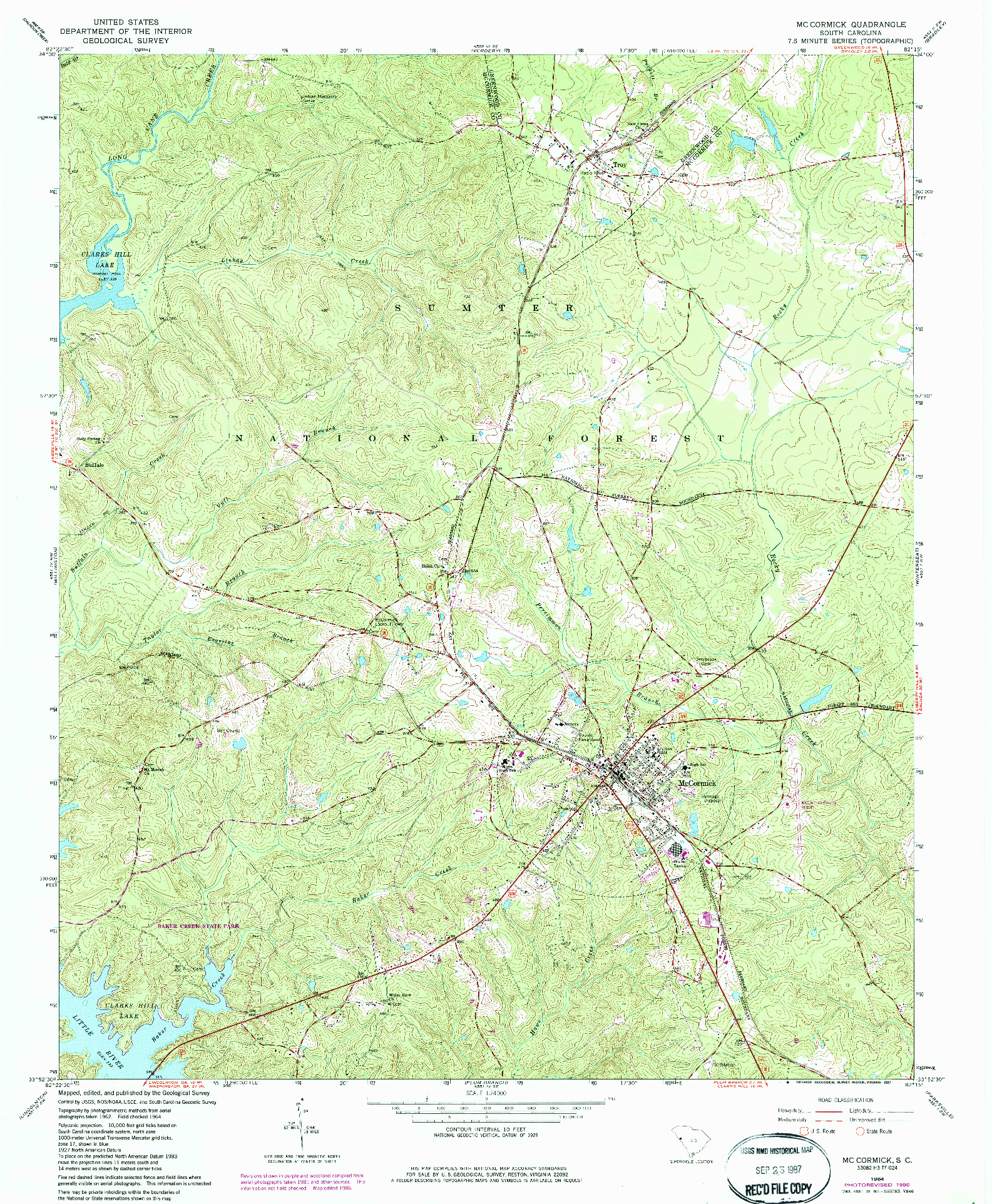 USGS 1:24000-SCALE QUADRANGLE FOR MC CORMICK, SC 1964