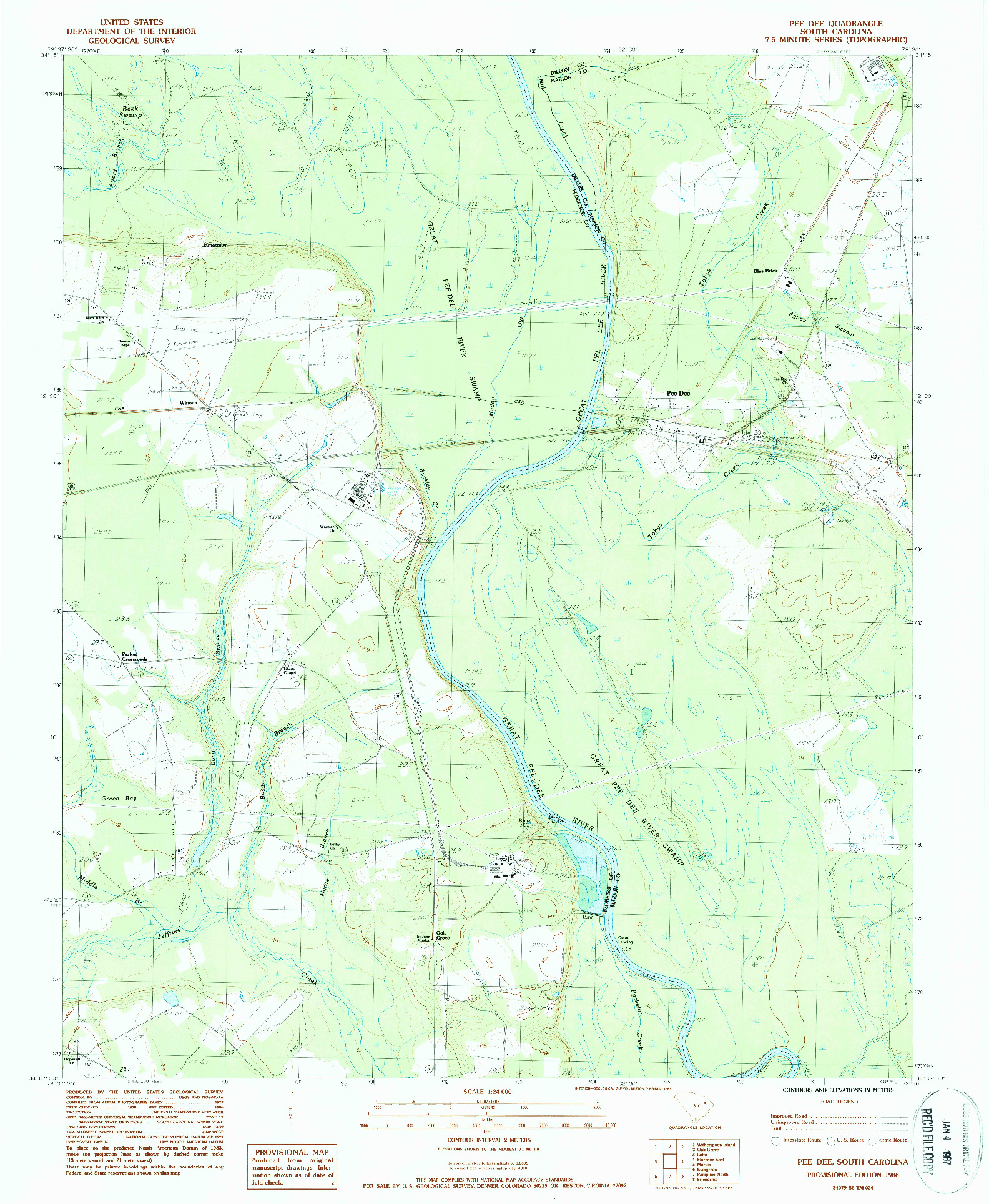USGS 1:24000-SCALE QUADRANGLE FOR PEE DEE, SC 1986