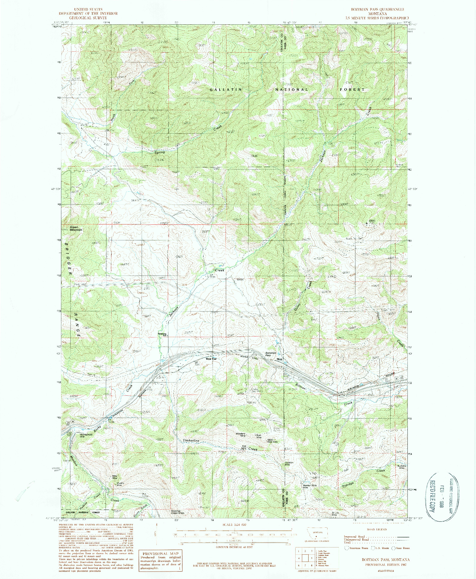 USGS 1:24000-SCALE QUADRANGLE FOR BOZEMAN PASS, MT 1987