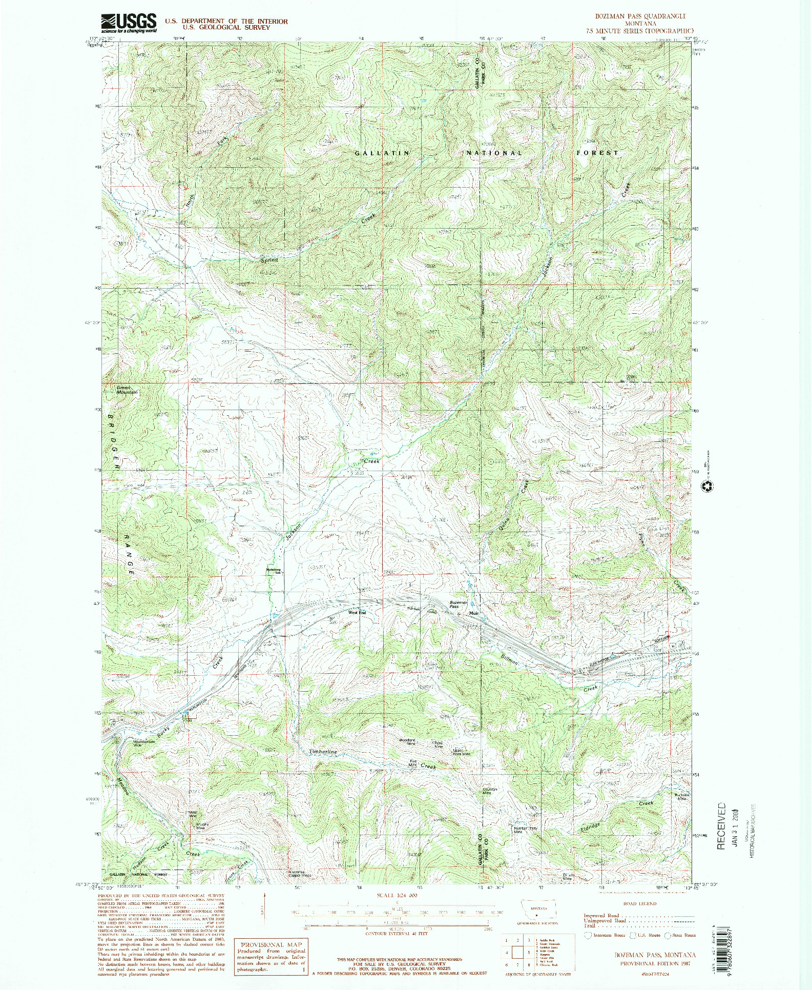 USGS 1:24000-SCALE QUADRANGLE FOR BOZEMAN PASS, MT 1987