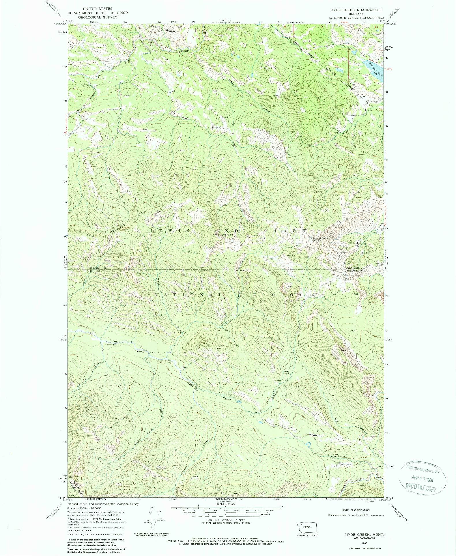 USGS 1:24000-SCALE QUADRANGLE FOR HYDE CREEK, MT 1968