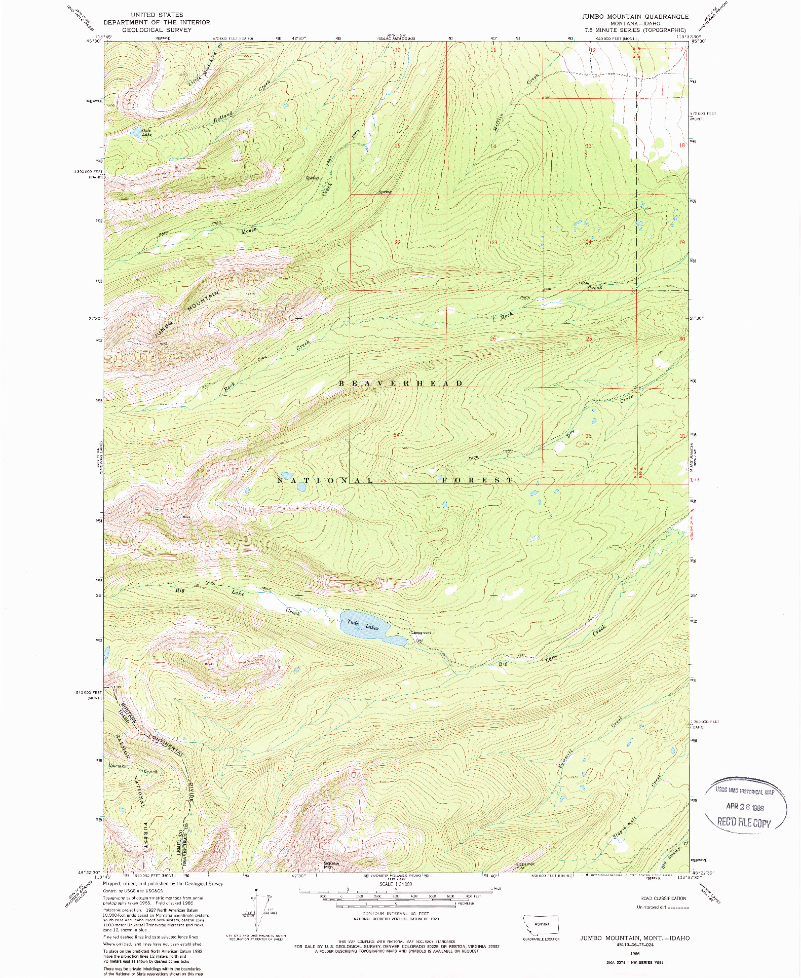 USGS 1:24000-SCALE QUADRANGLE FOR JUMBO MOUNTAIN, MT 1966