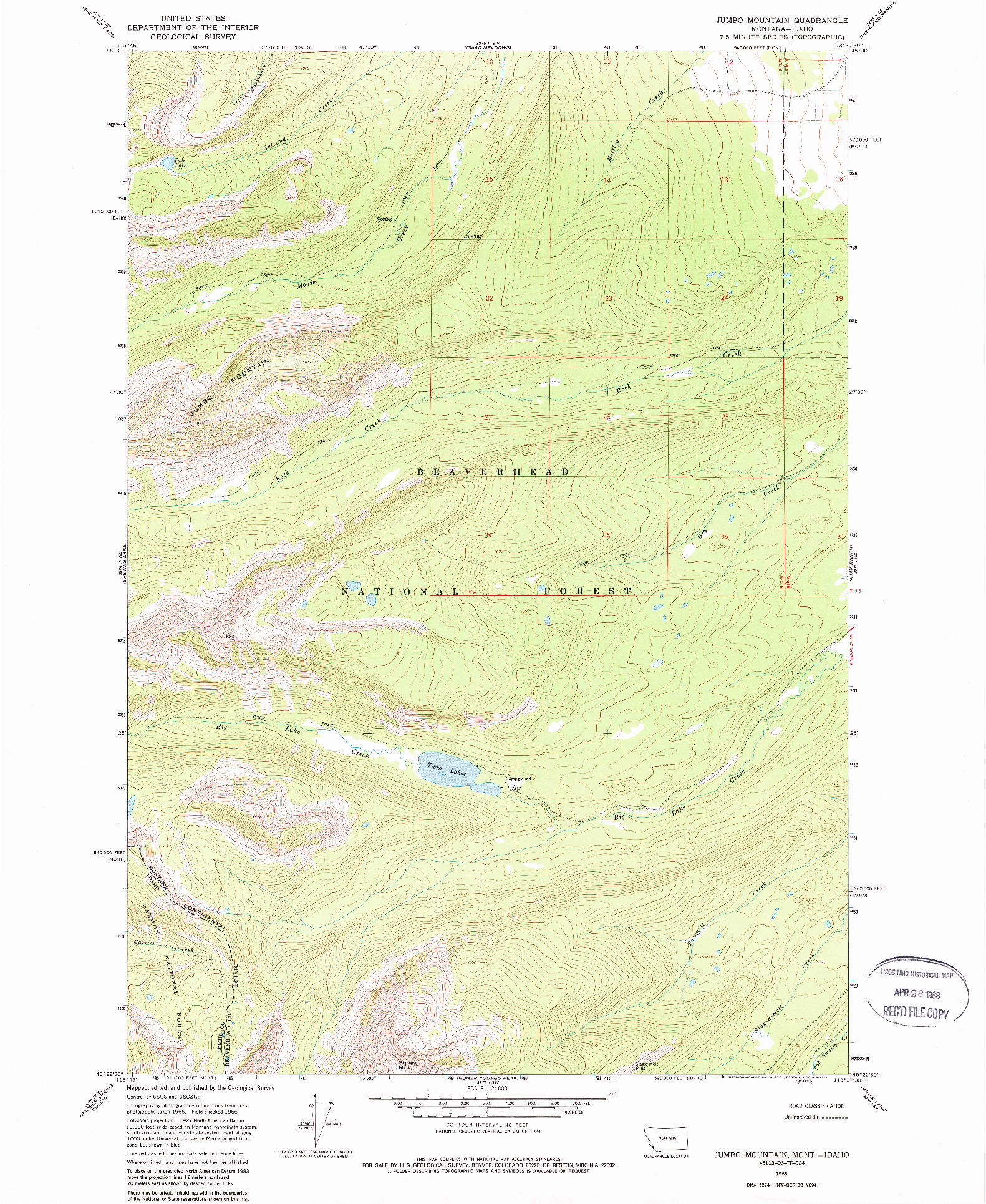 USGS 1:24000-SCALE QUADRANGLE FOR JUMBO MOUNTAIN, MT 1966