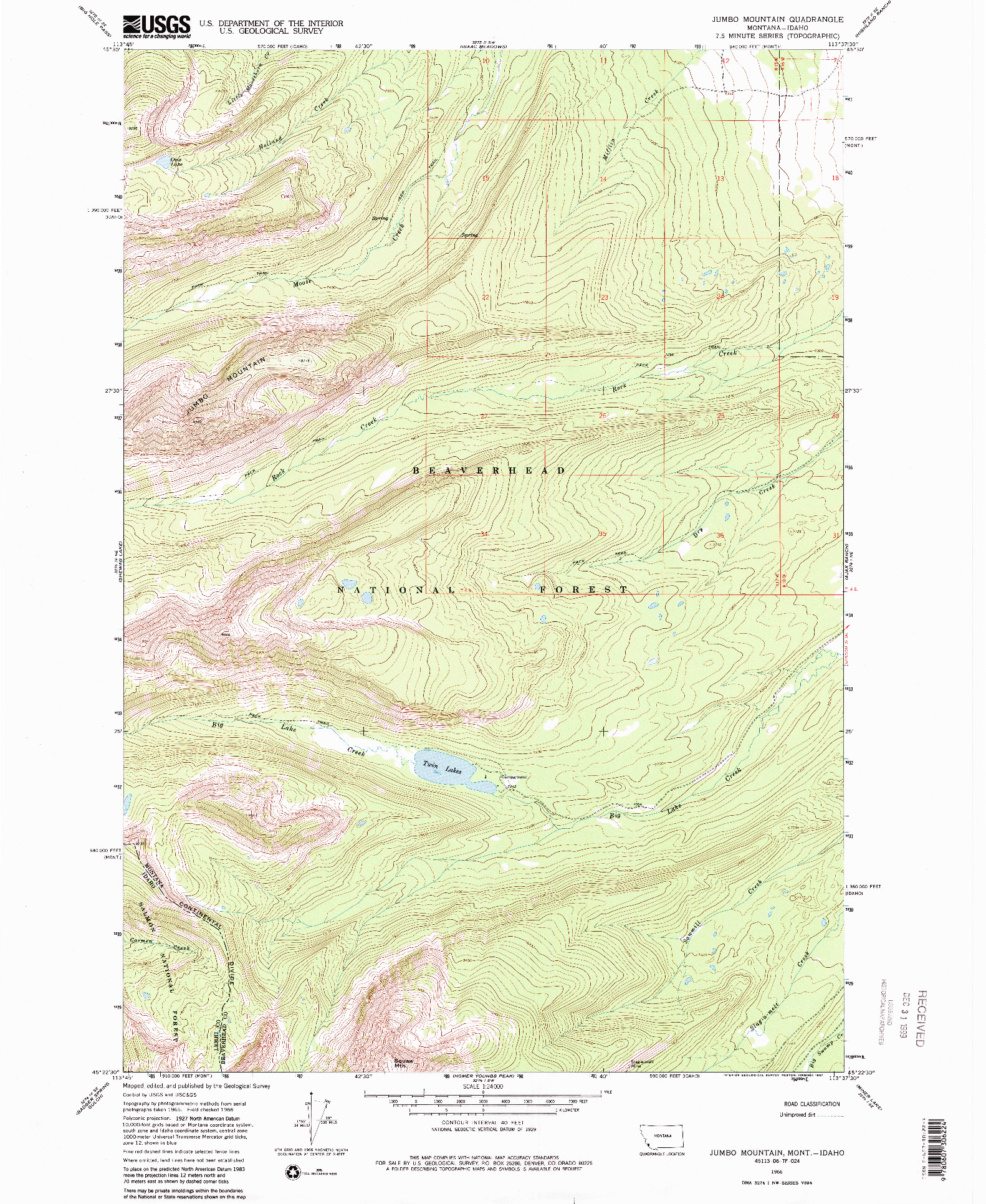 USGS 1:24000-SCALE QUADRANGLE FOR JUMBO MOUNTAIN, MT 1966