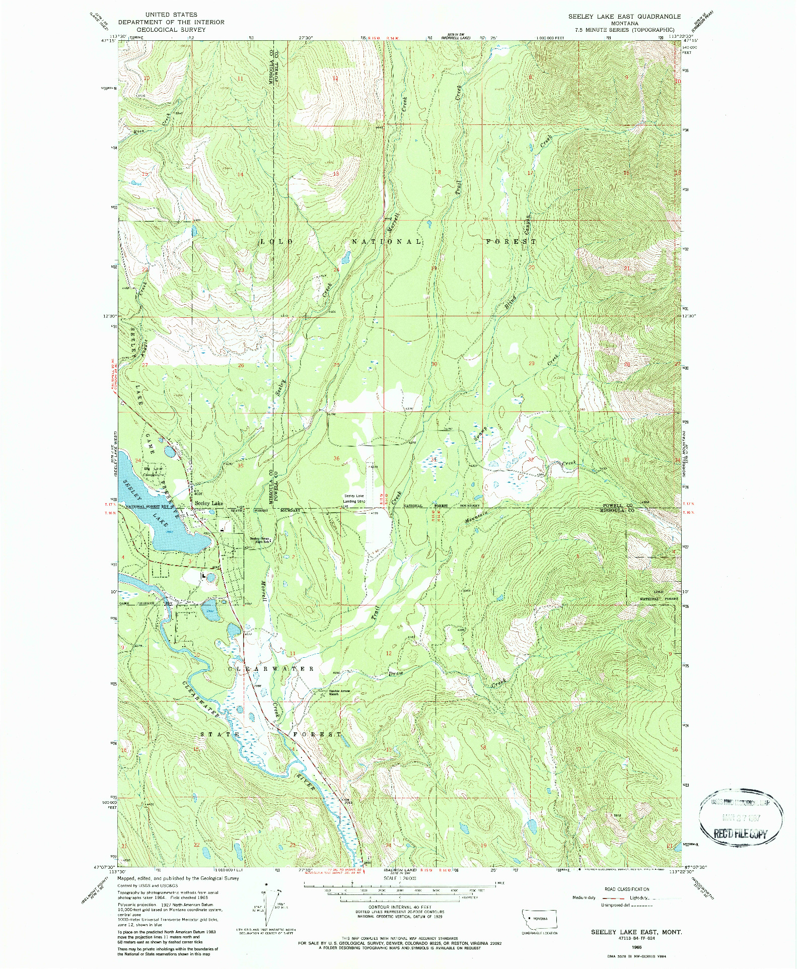 USGS 1:24000-SCALE QUADRANGLE FOR SEELEY LAKE EAST, MT 1965