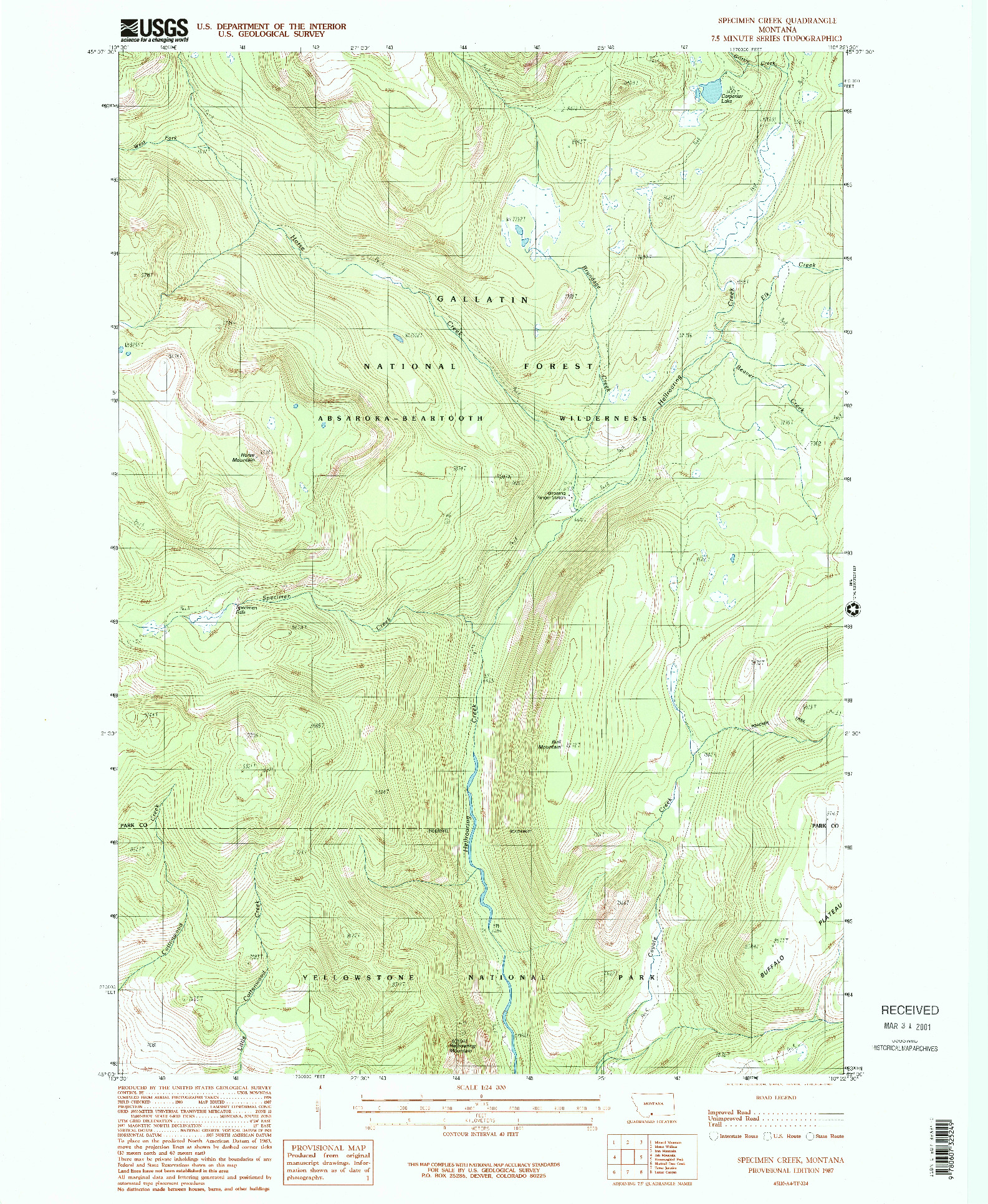 USGS 1:24000-SCALE QUADRANGLE FOR SPECIMEN CREEK, MT 1987