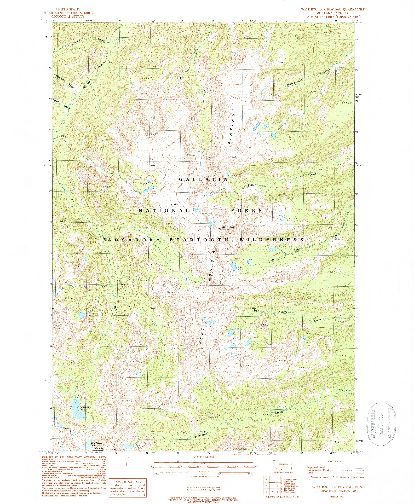 USGS 1:24000-SCALE QUADRANGLE FOR WEST BOULDER PLATEAU, MT 1987