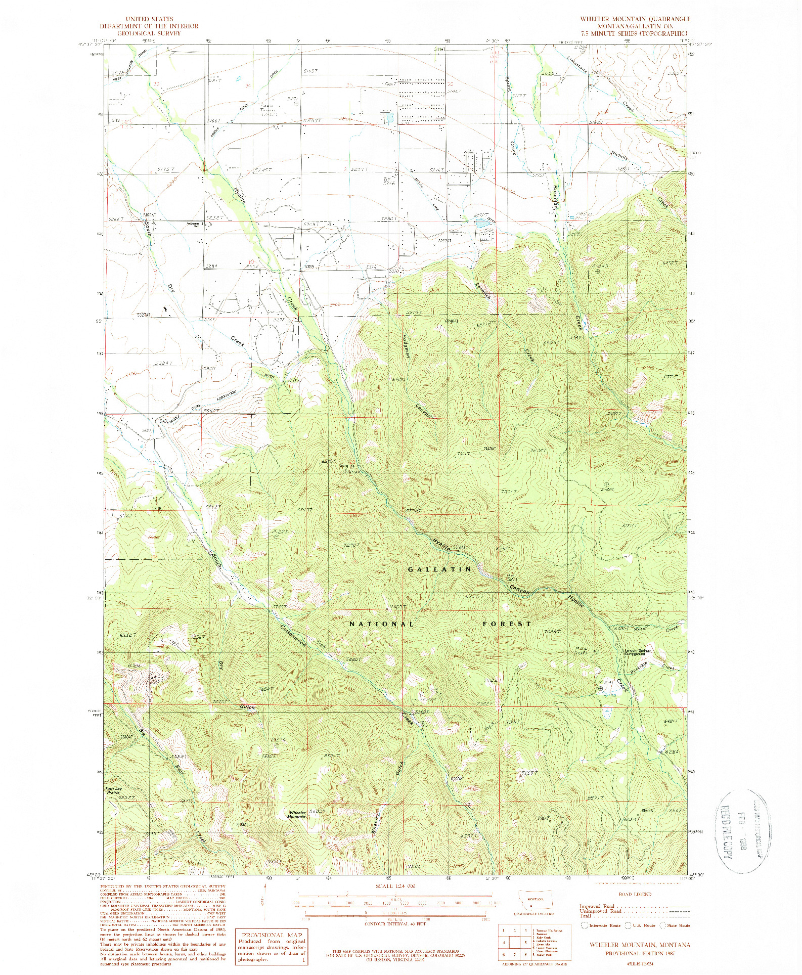 USGS 1:24000-SCALE QUADRANGLE FOR WHEELER MOUNTAIN, MT 1987