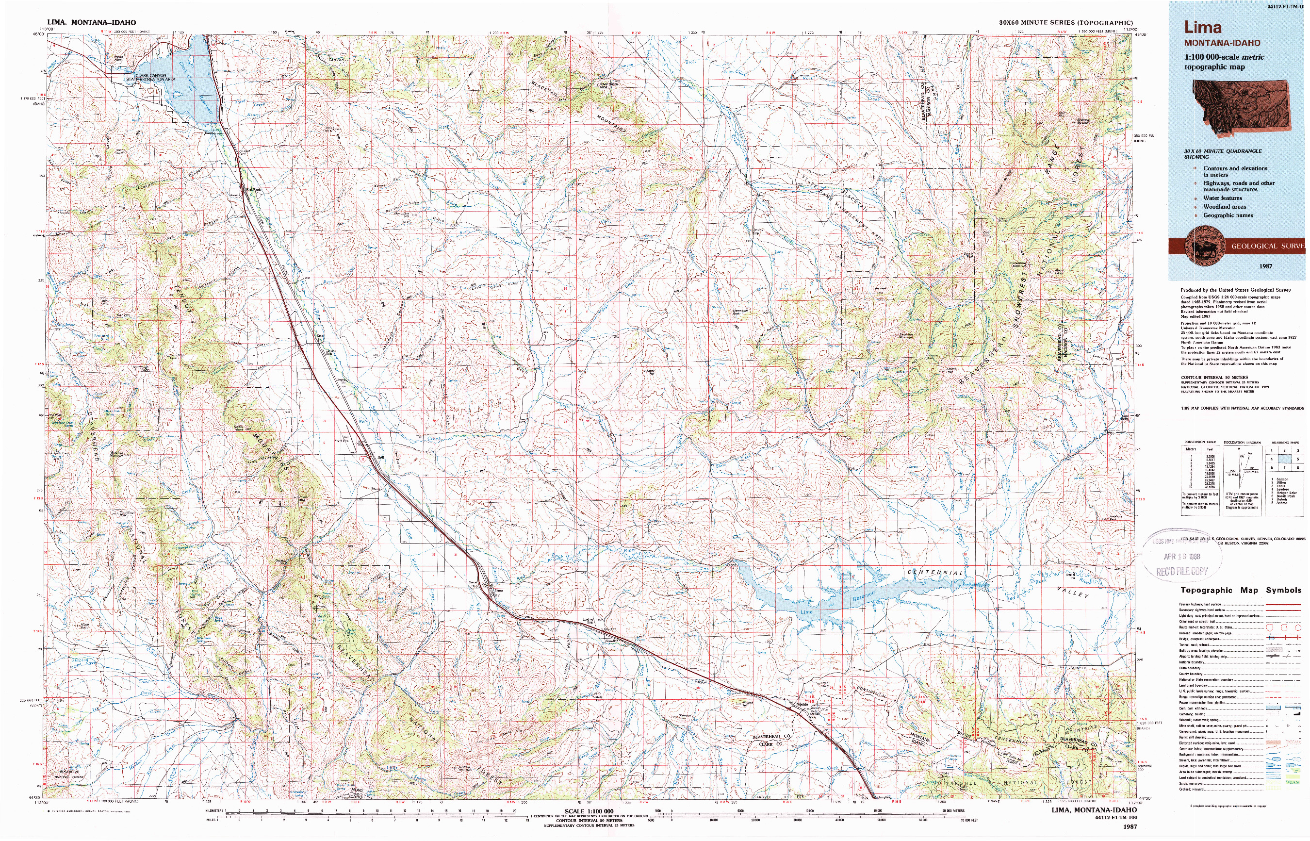 USGS 1:100000-SCALE QUADRANGLE FOR LIMA, MT 1987