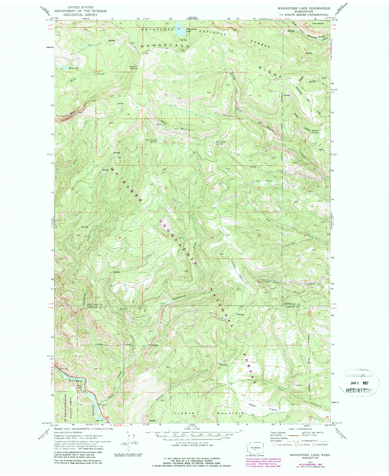 USGS 1:24000-SCALE QUADRANGLE FOR MANASTASH LAKE, WA 1971