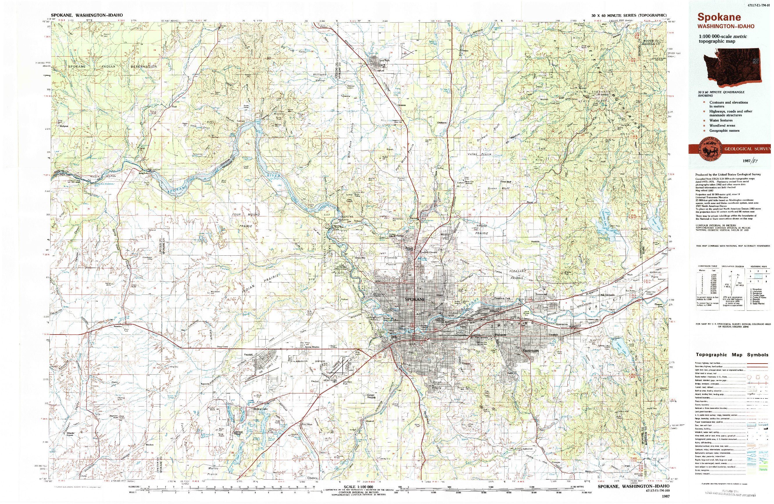 USGS 1:100000-SCALE QUADRANGLE FOR SPOKANE, WA 1987