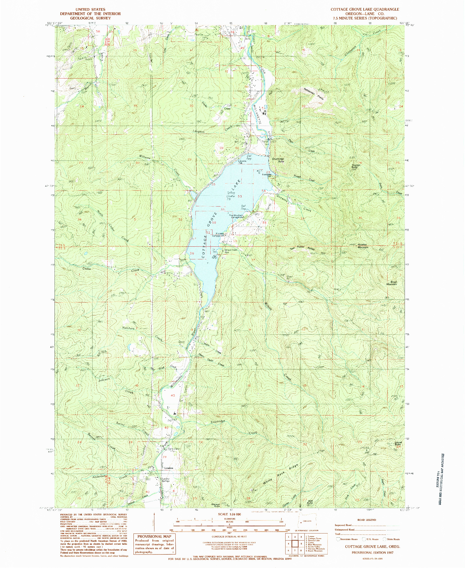 USGS 1:24000-SCALE QUADRANGLE FOR COTTAGE GROVE LAKE, OR 1987