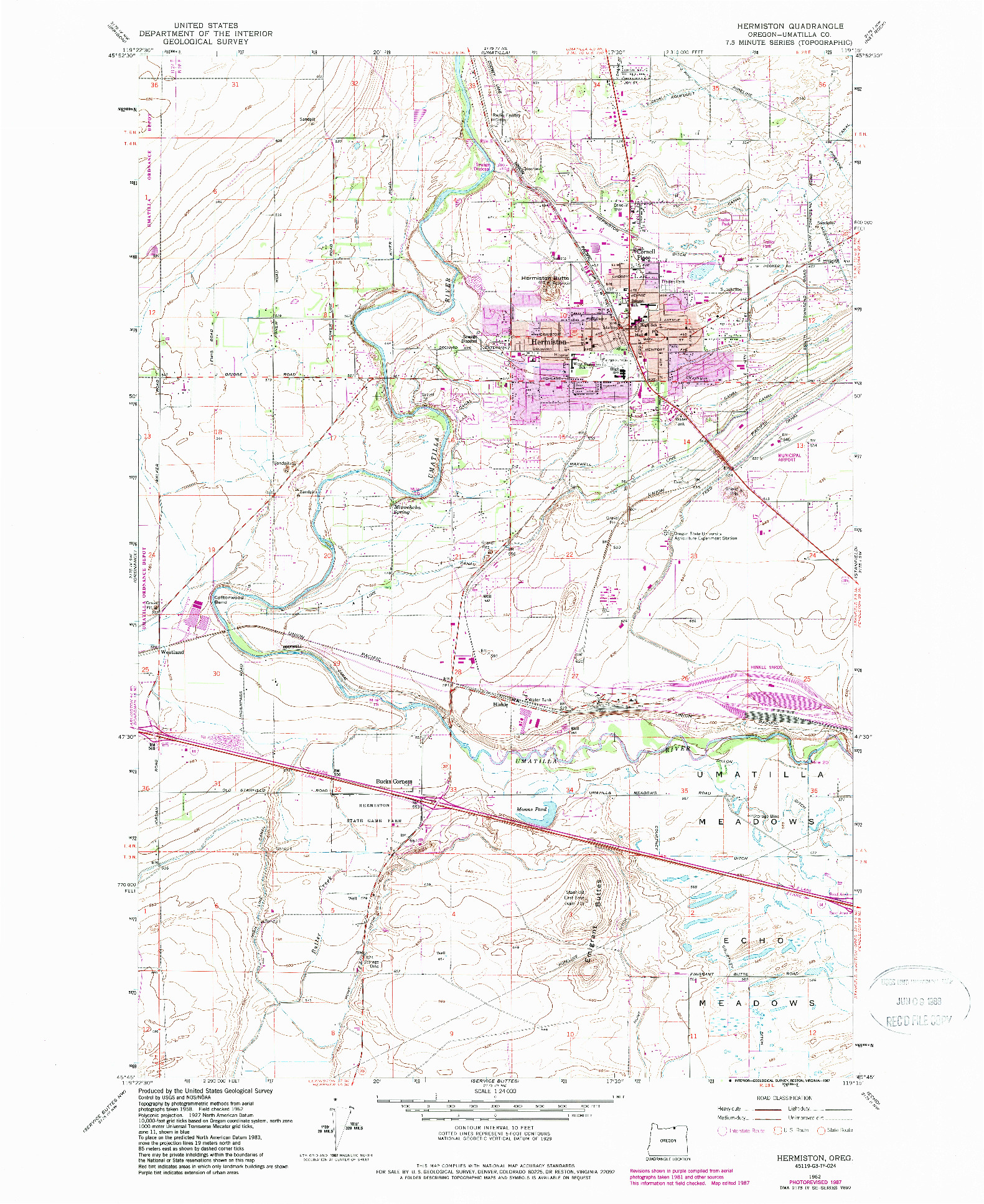 USGS 1:24000-SCALE QUADRANGLE FOR HERMISTON, OR 1962