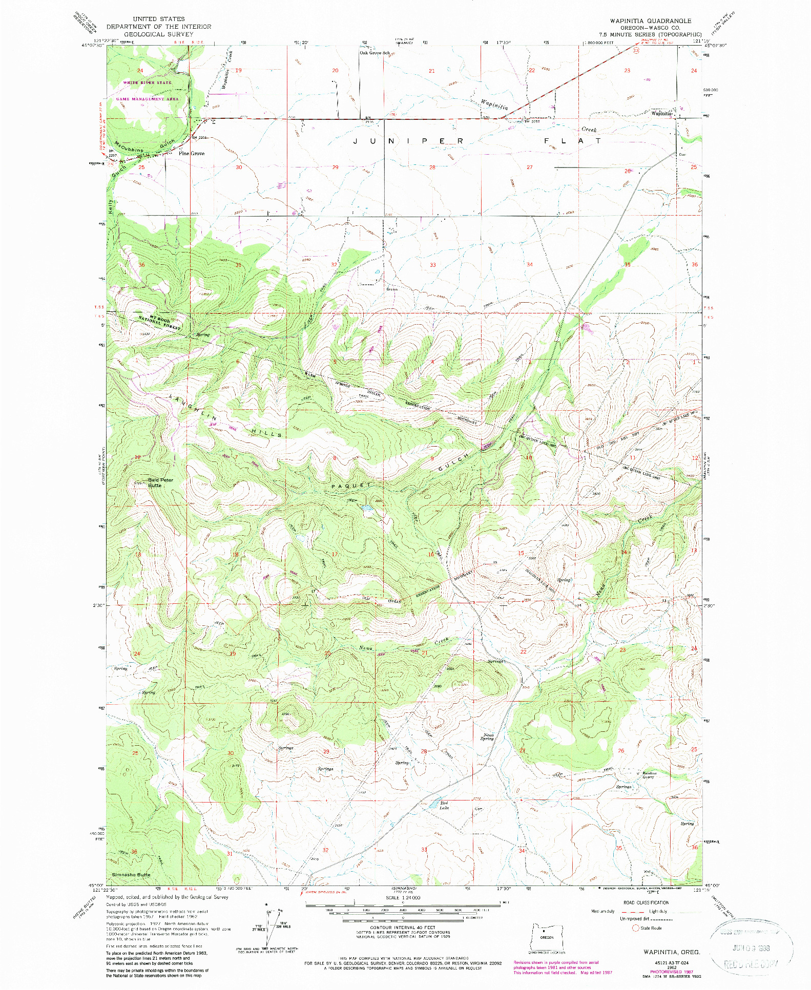 USGS 1:24000-SCALE QUADRANGLE FOR WAPINITIA, OR 1962