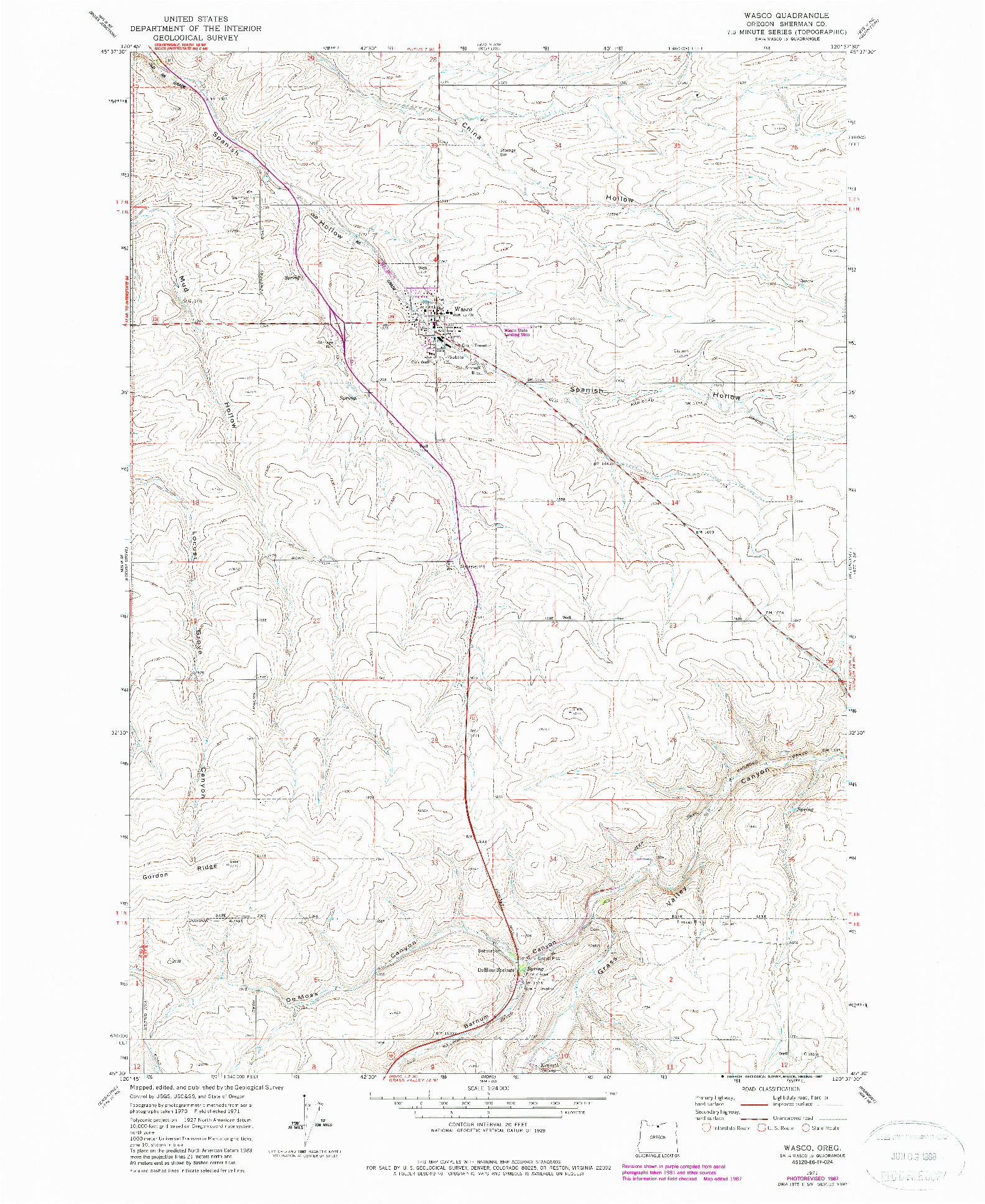 USGS 1:24000-SCALE QUADRANGLE FOR WASCO, OR 1971