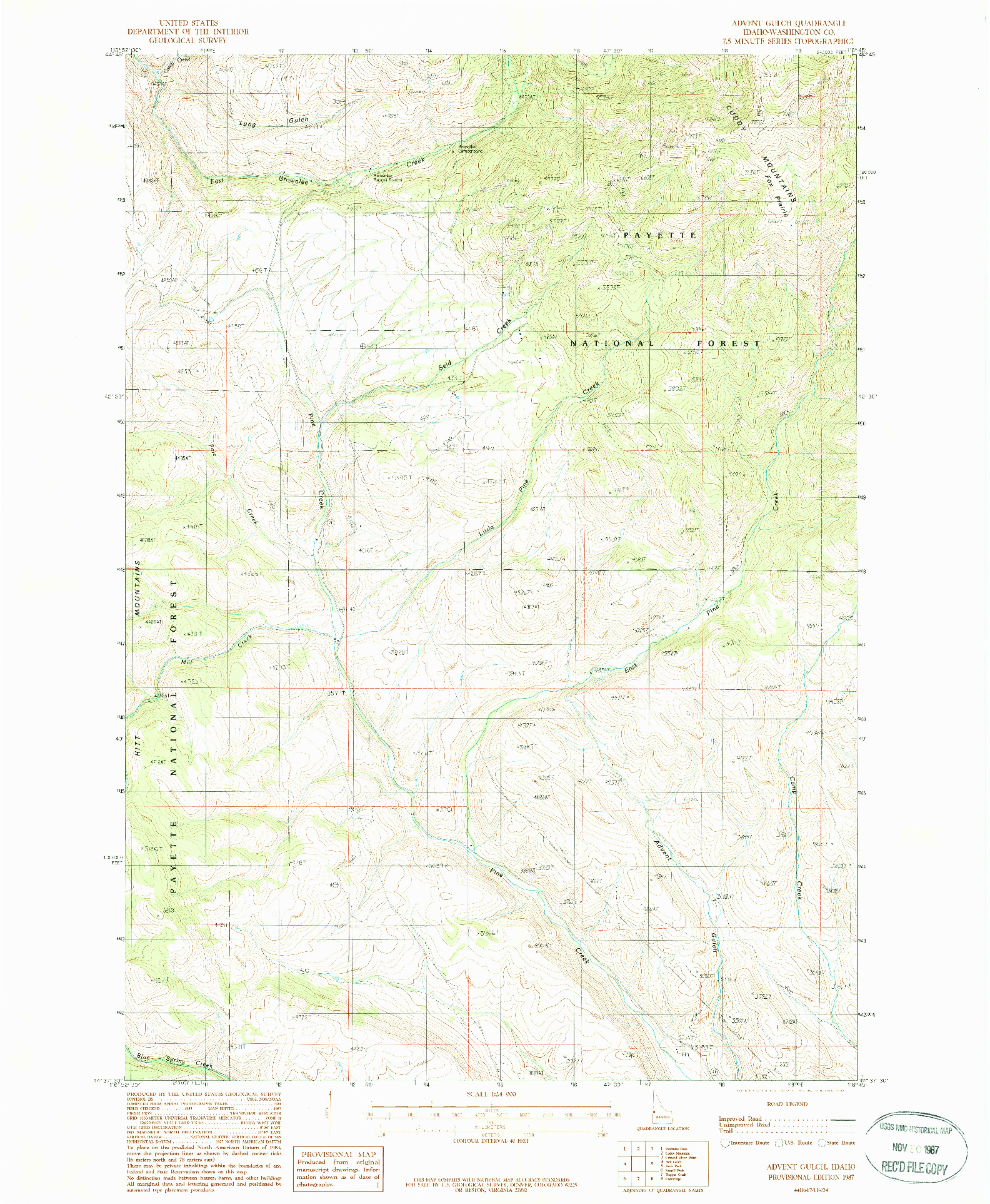 USGS 1:24000-SCALE QUADRANGLE FOR ADVENT GULCH, ID 1987