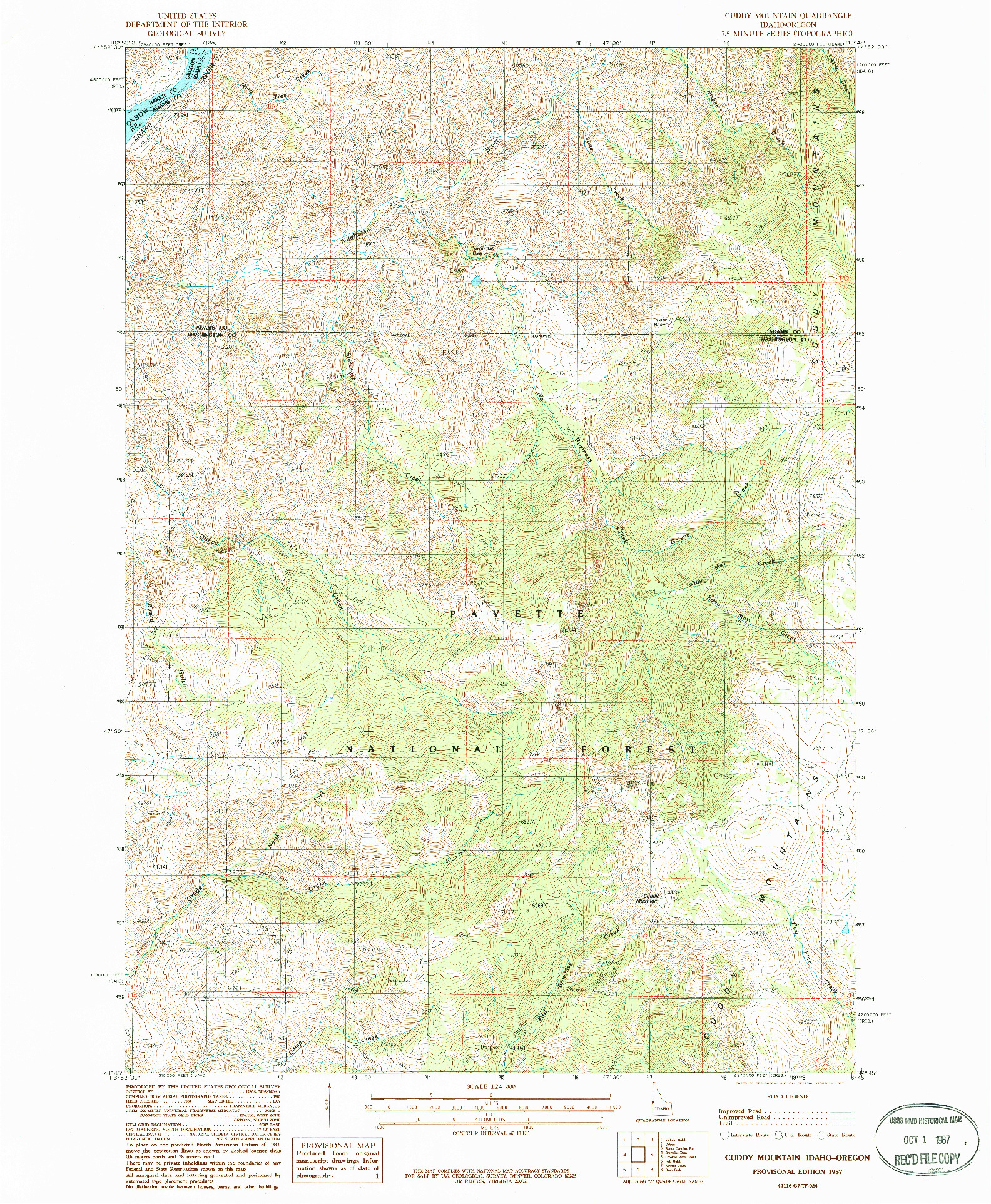 USGS 1:24000-SCALE QUADRANGLE FOR CUDDY MOUNTAIN, ID 1987