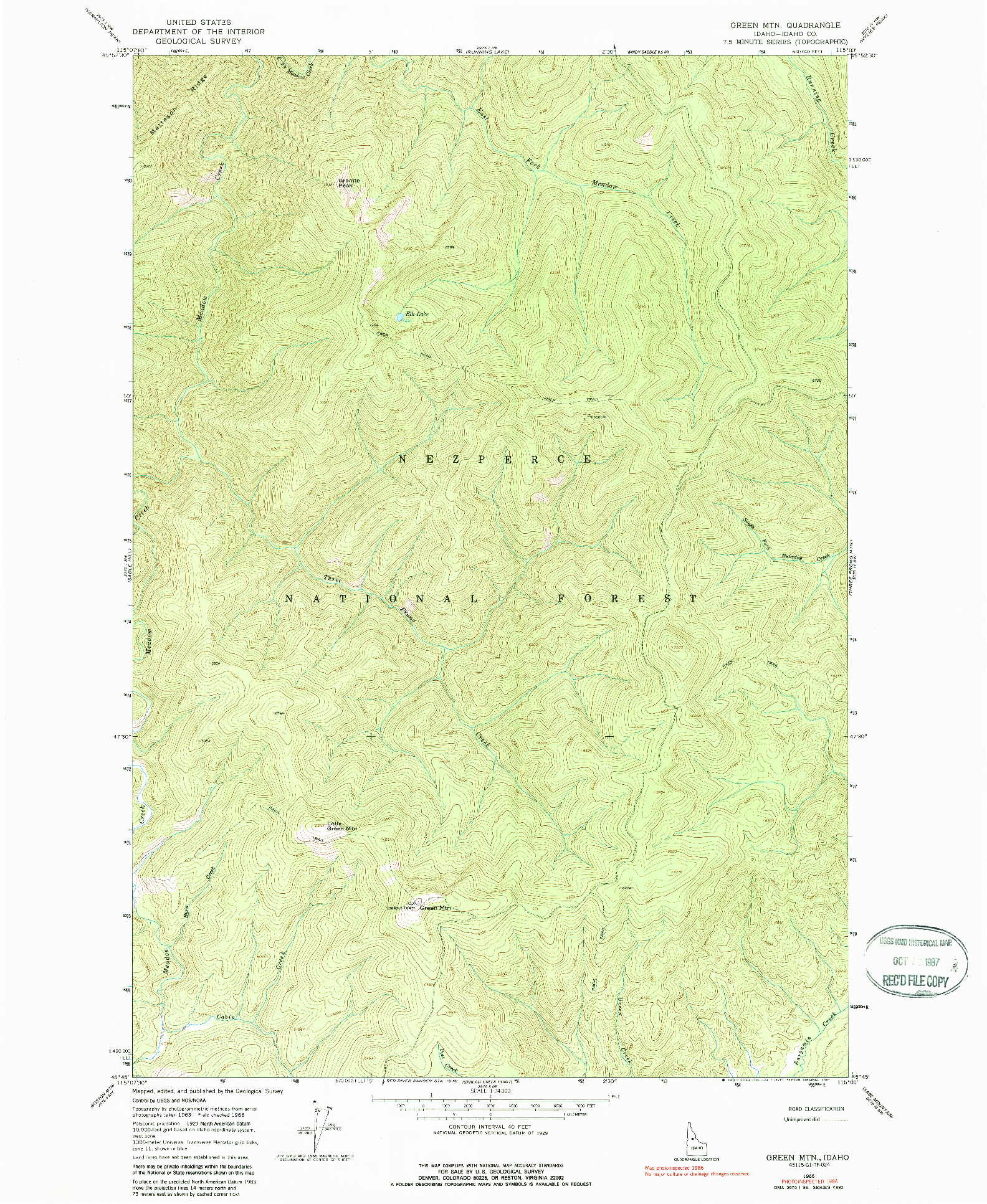USGS 1:24000-SCALE QUADRANGLE FOR GREEN MOUNTAIN, ID 1966