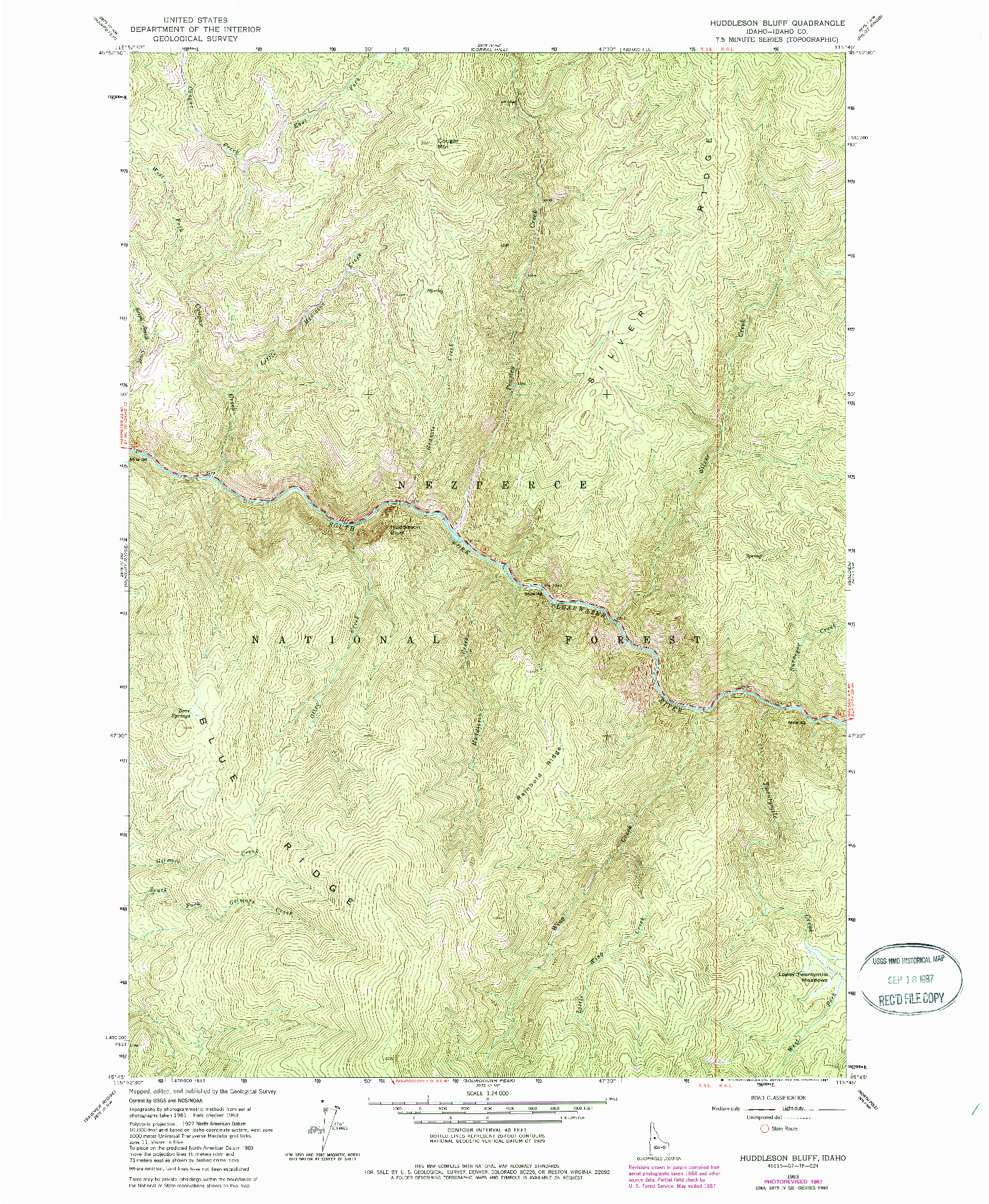 USGS 1:24000-SCALE QUADRANGLE FOR HUDDLESON BLUFF, ID 1963