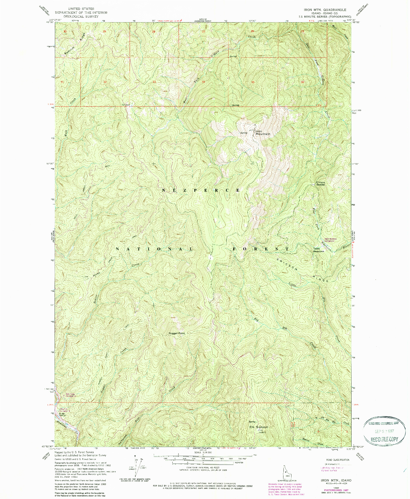 USGS 1:24000-SCALE QUADRANGLE FOR IRON MOUNTAIN, ID 1962