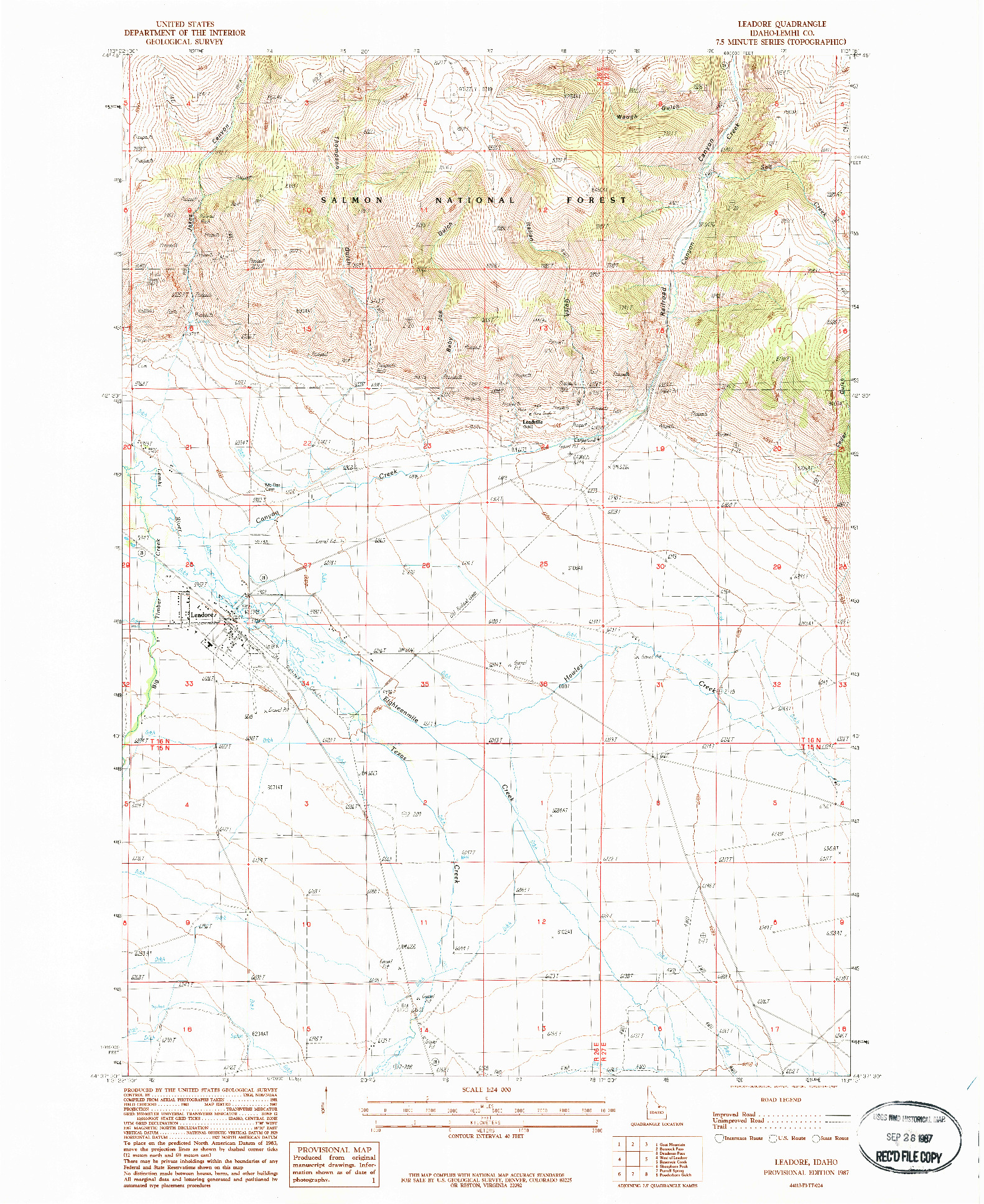 USGS 1:24000-SCALE QUADRANGLE FOR LEADORE, ID 1987