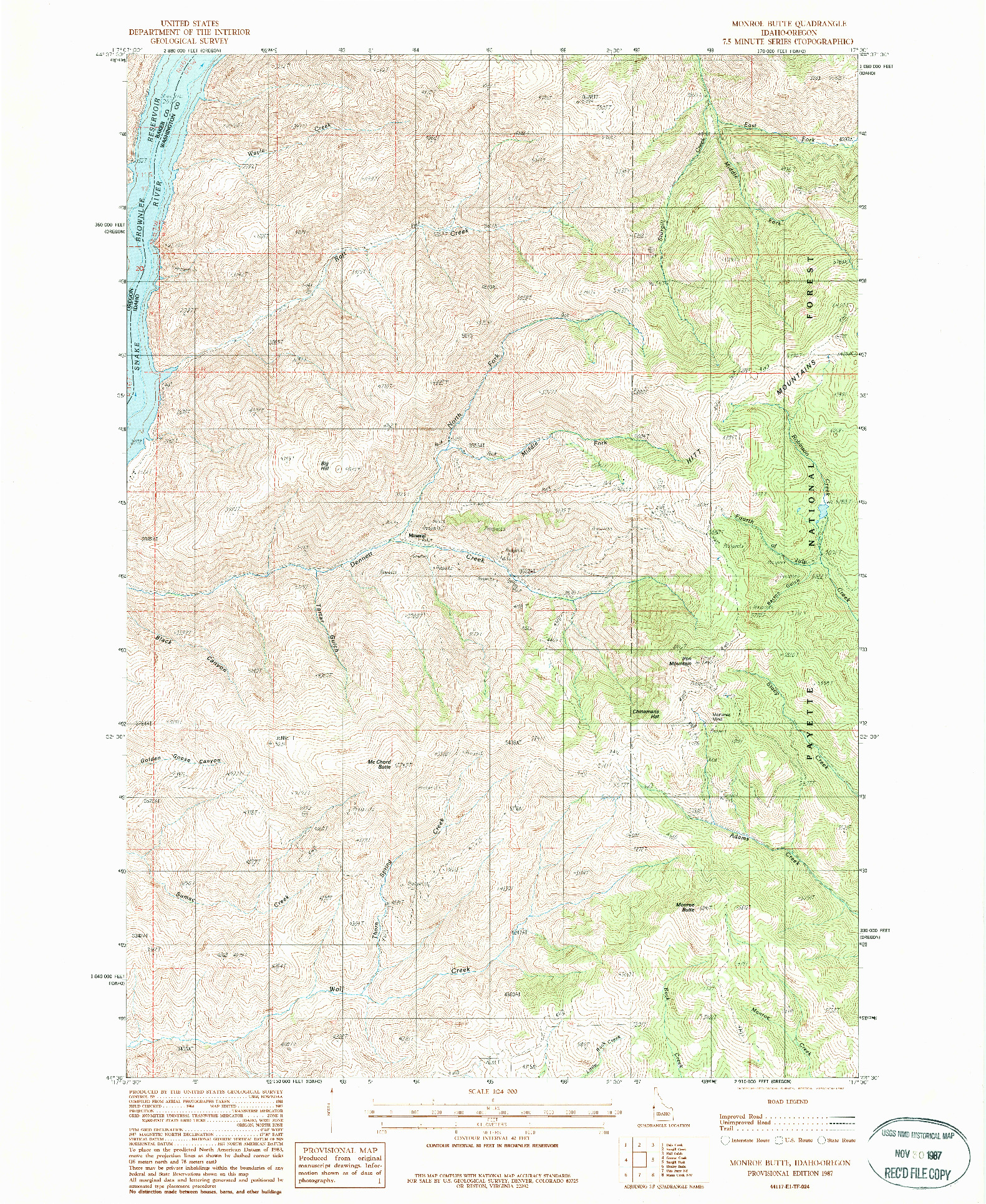 USGS 1:24000-SCALE QUADRANGLE FOR MONROE BUTTE, ID 1987