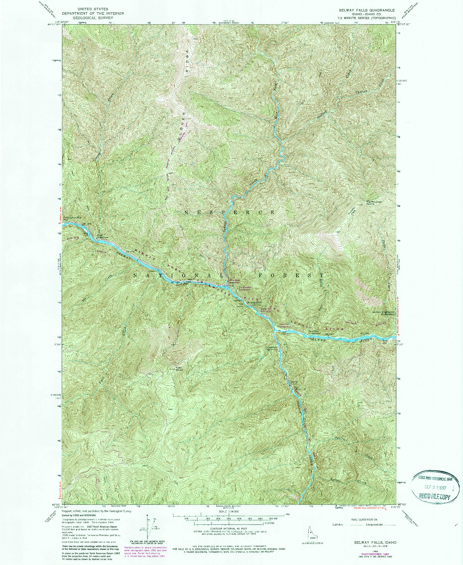 USGS 1:24000-SCALE QUADRANGLE FOR SELWAY FALLS, ID 1966