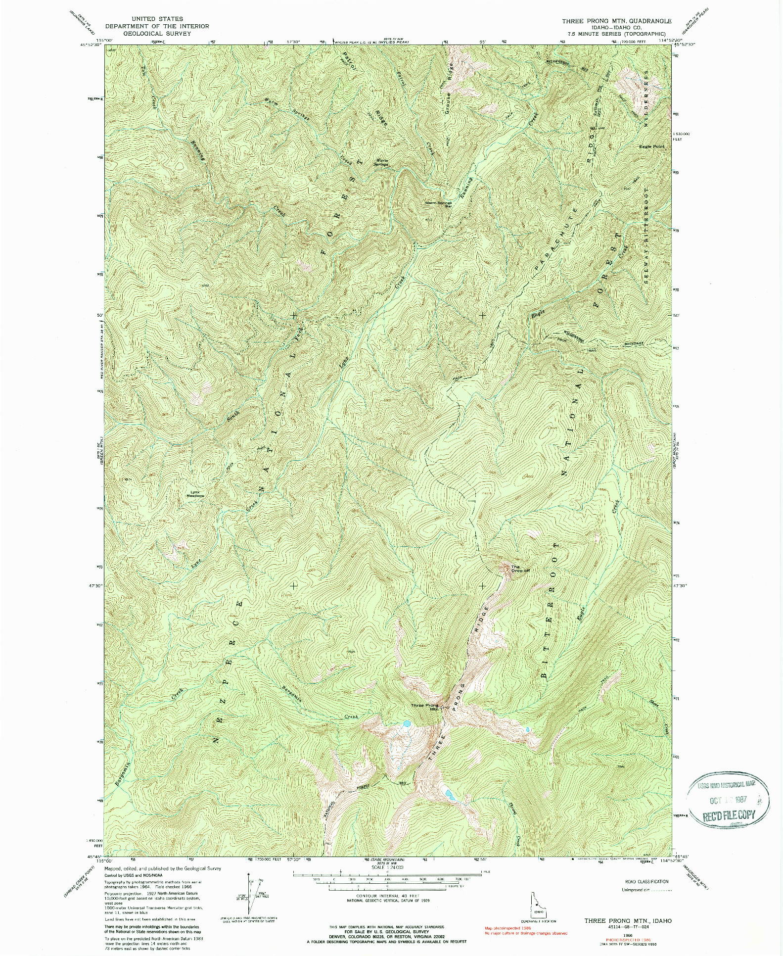 USGS 1:24000-SCALE QUADRANGLE FOR THREE PRONG MOUNTAIN, ID 1966