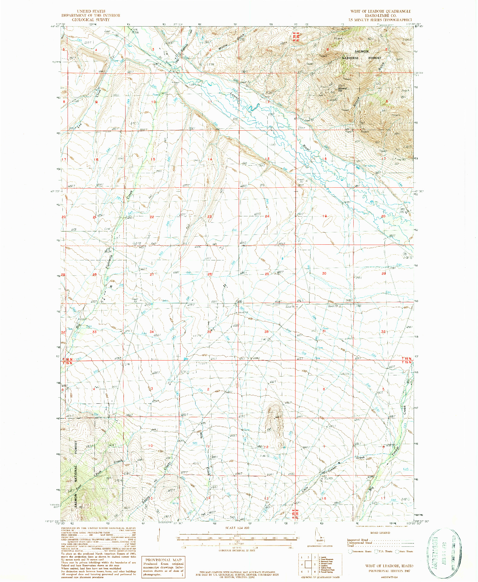 USGS 1:24000-SCALE QUADRANGLE FOR WEST OF LEADORE, ID 1987