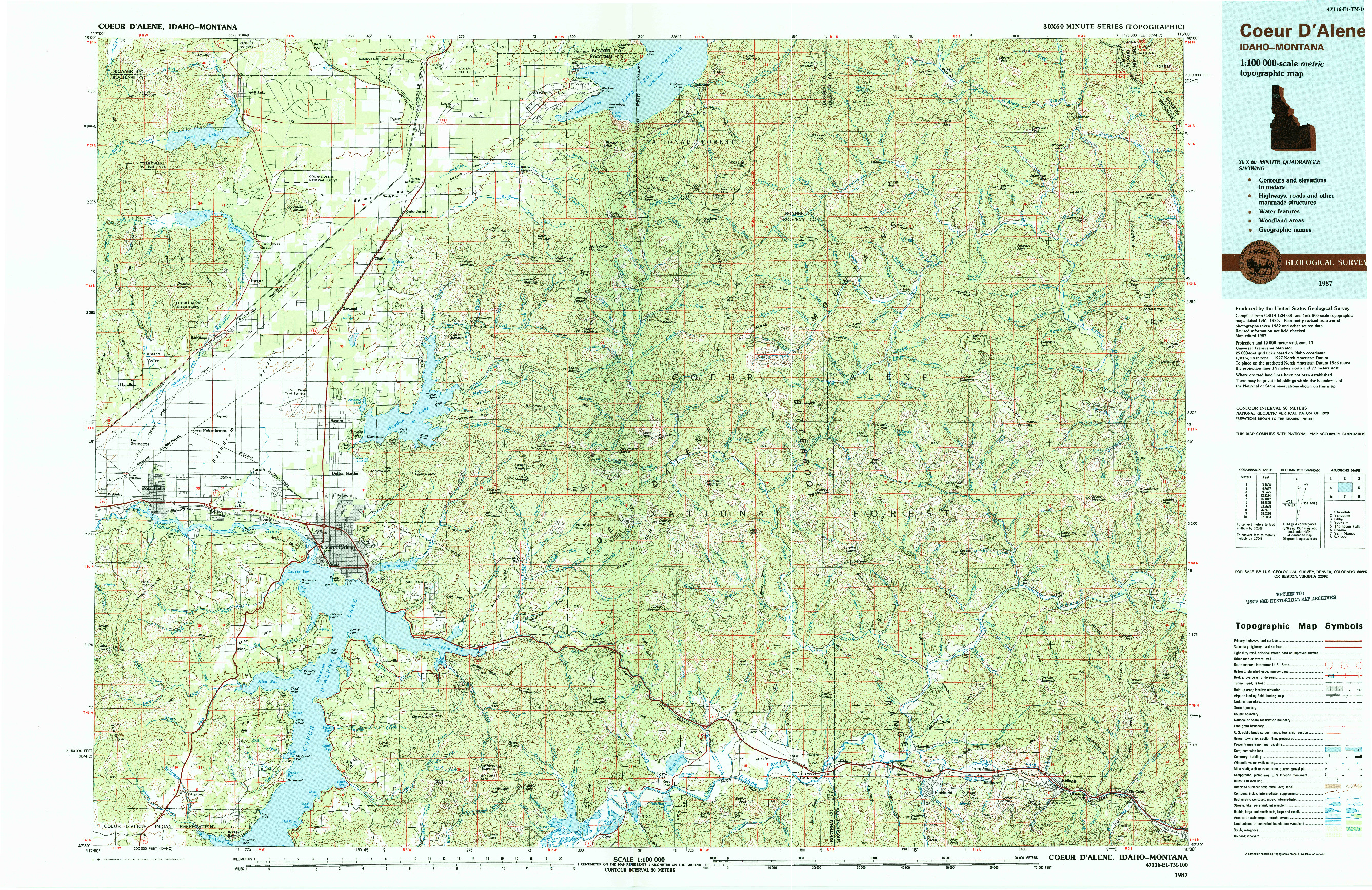 USGS 1:100000-SCALE QUADRANGLE FOR COEUR D'ALENE, ID 1987
