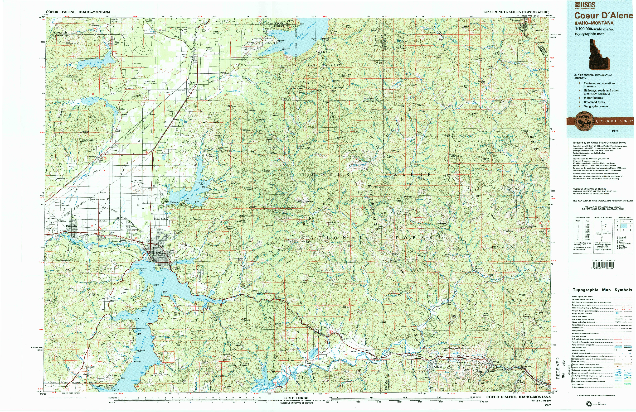 USGS 1:100000-SCALE QUADRANGLE FOR COEUR D'ALENE, ID 1987