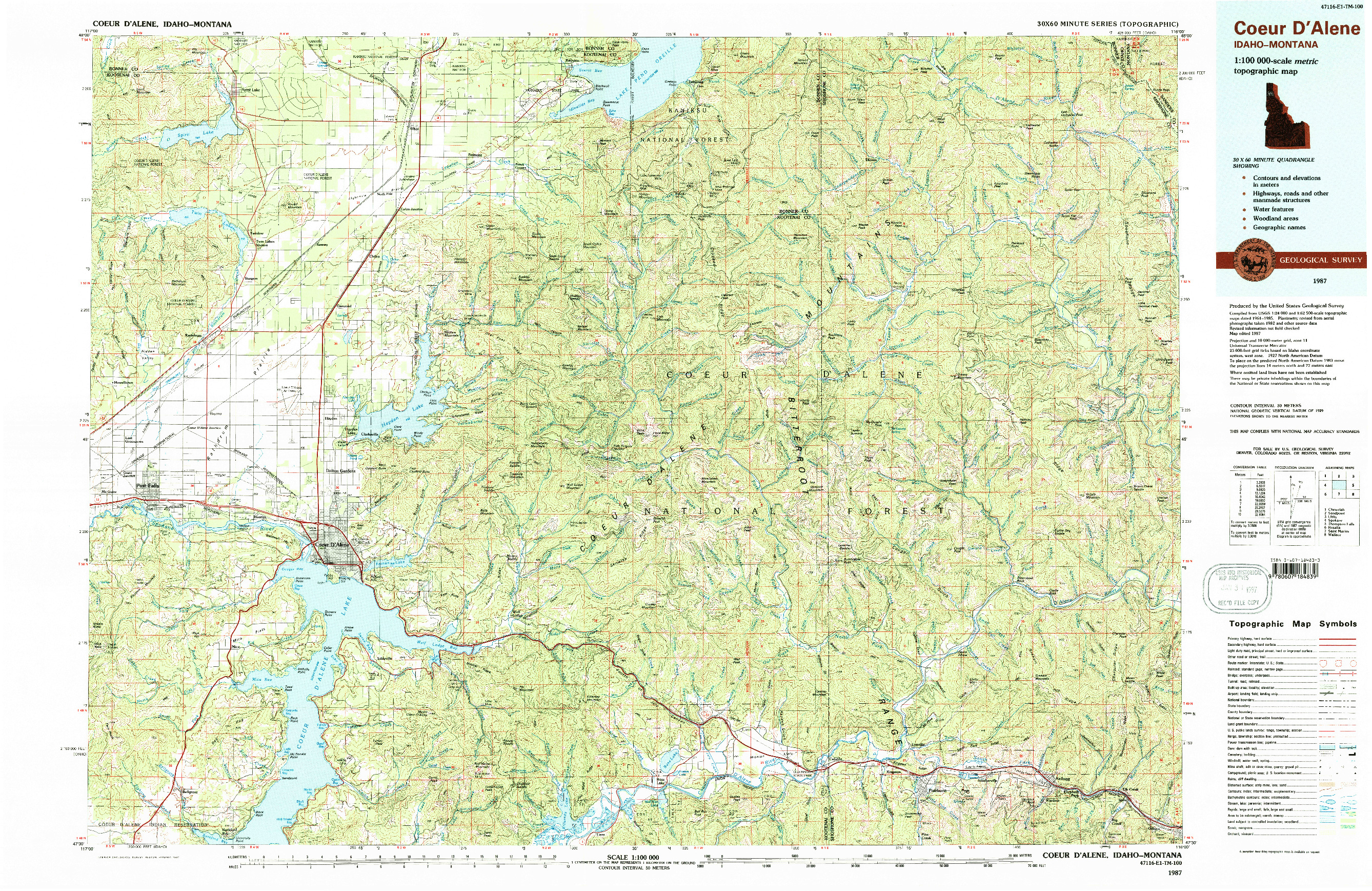 USGS 1:100000-SCALE QUADRANGLE FOR COEUR D'ALENE, ID 1987