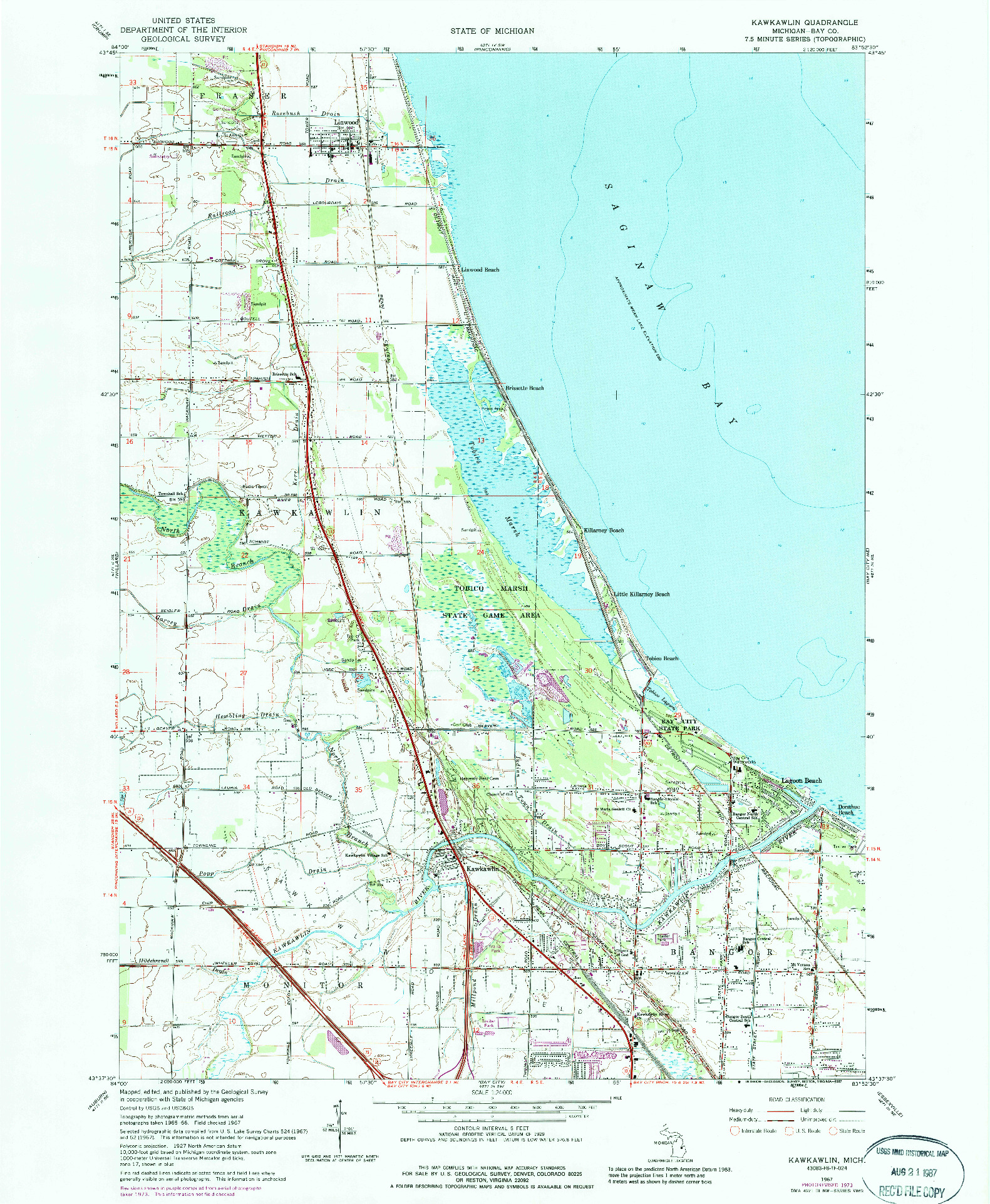 USGS 1:24000-SCALE QUADRANGLE FOR KAWKAWLIN, MI 1967