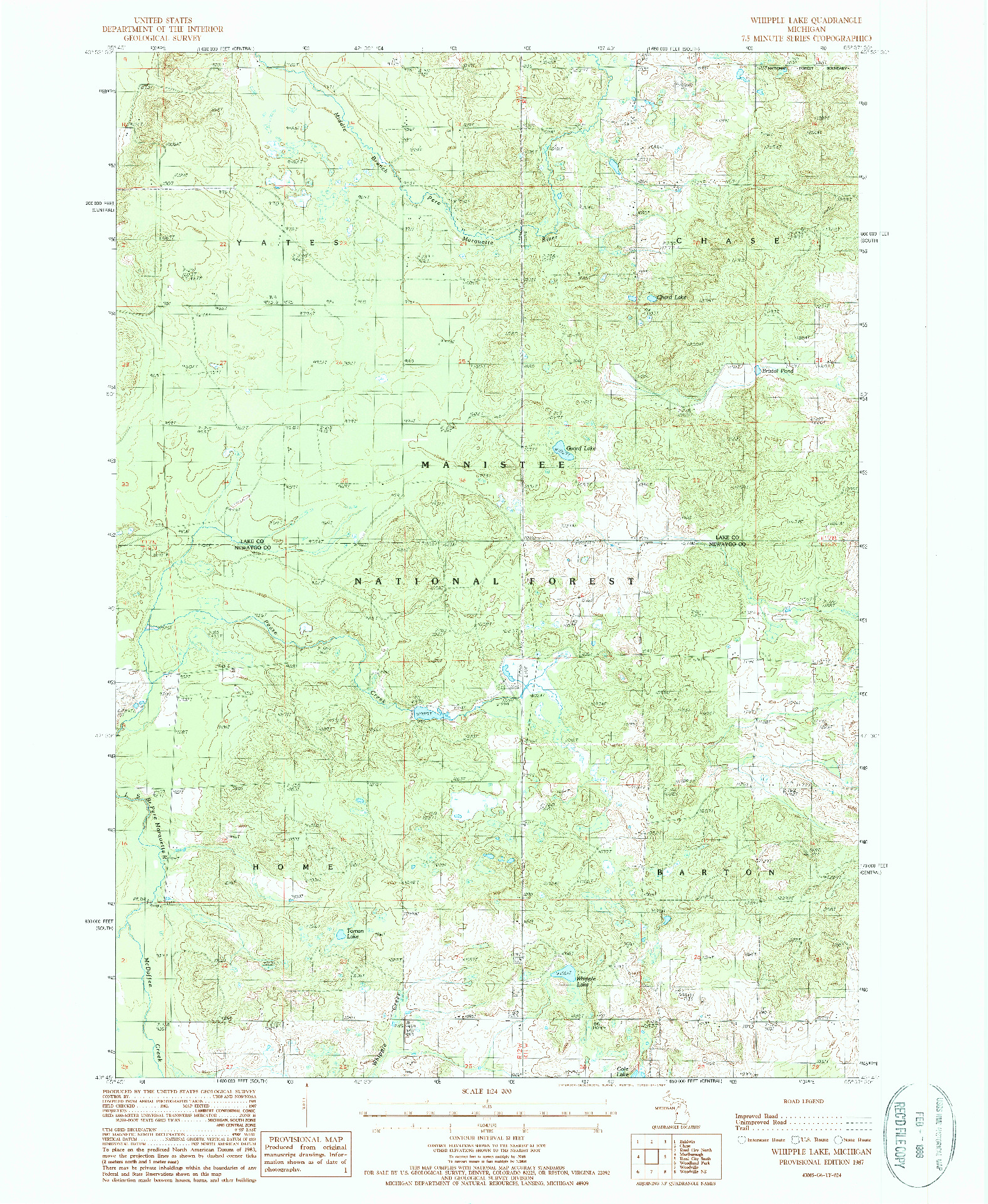 USGS 1:24000-SCALE QUADRANGLE FOR WHIPPLE LAKE, MI 1987