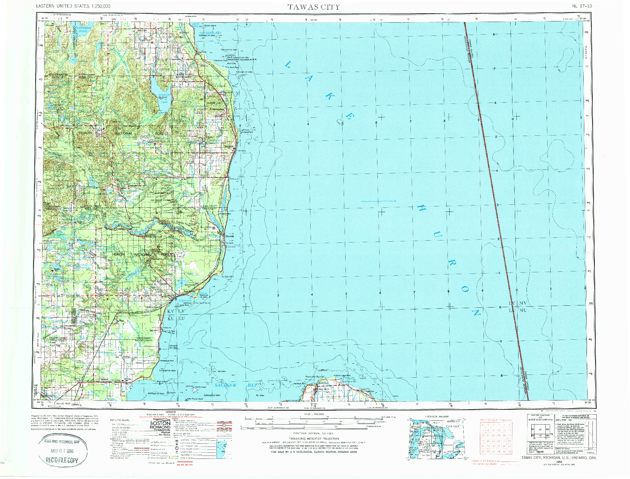 USGS 1:250000-SCALE QUADRANGLE FOR TAWAS CITY, MI 1954