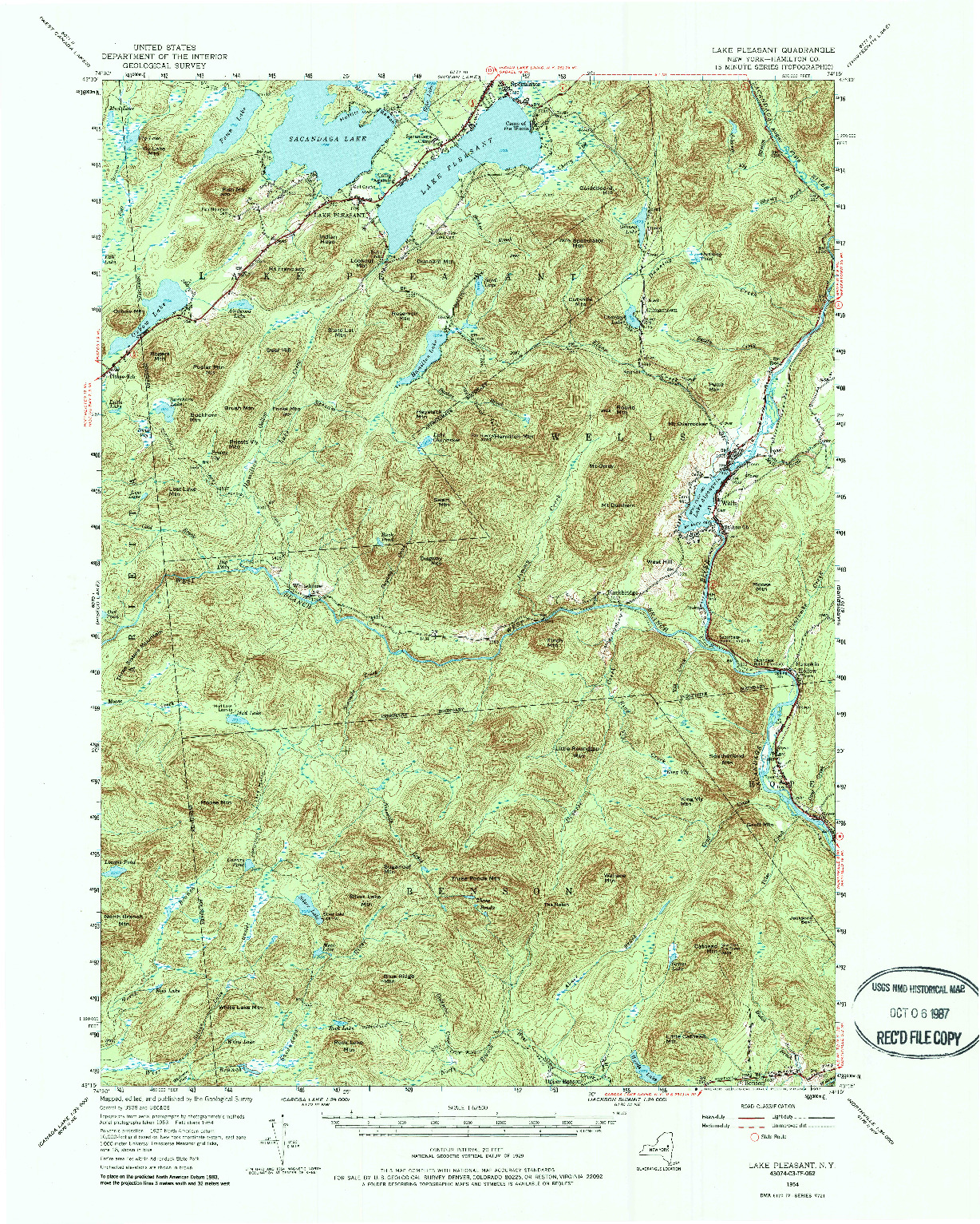 USGS 1:62500-SCALE QUADRANGLE FOR LAKE PLEASANT, NY 1954