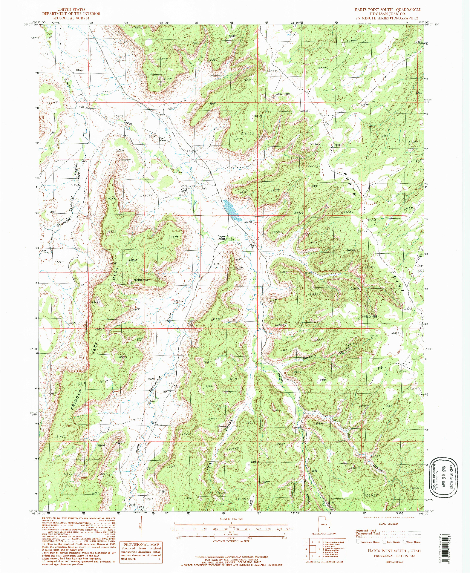 USGS 1:24000-SCALE QUADRANGLE FOR HARTS POINT SOUTH, UT 1987