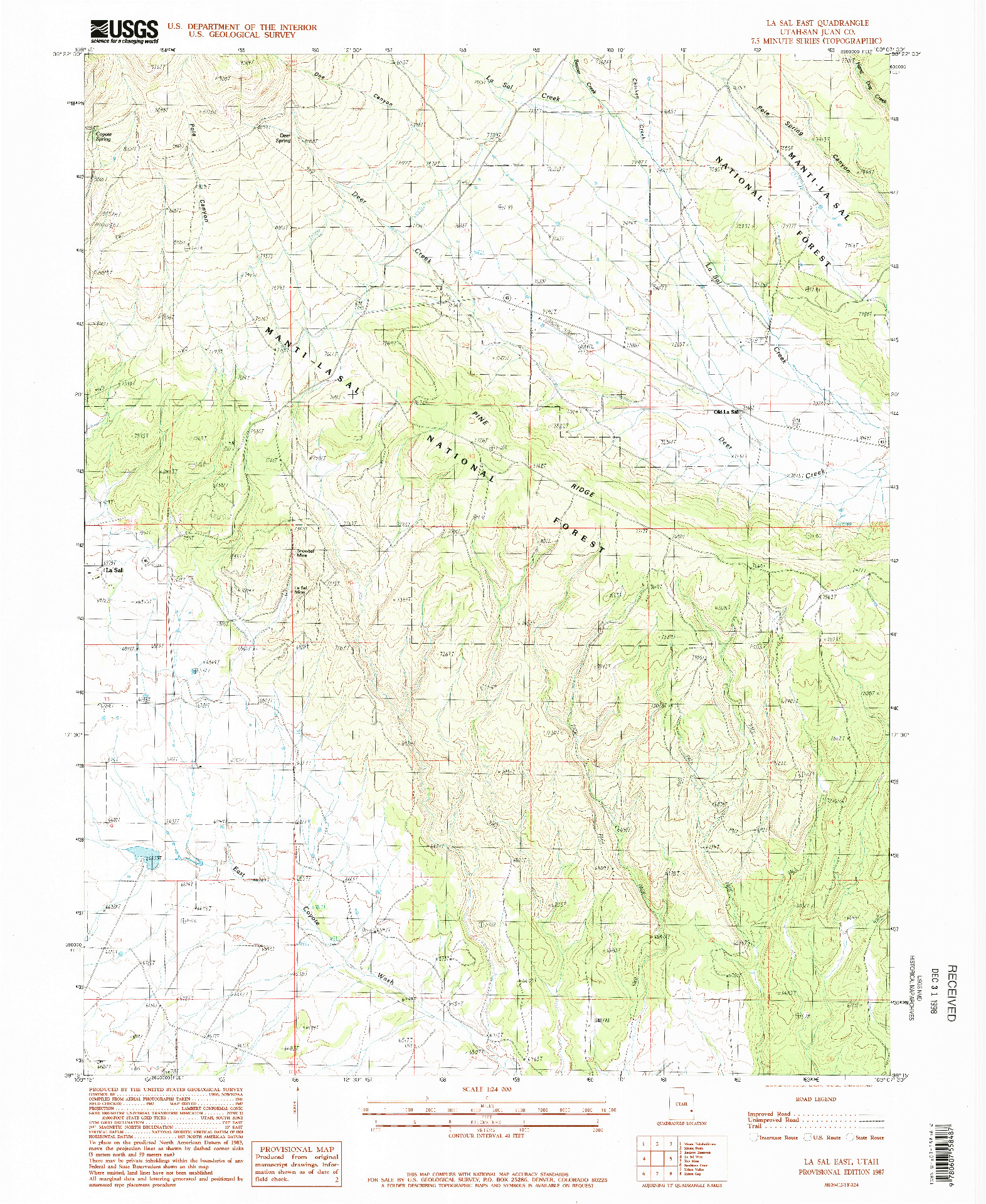 USGS 1:24000-SCALE QUADRANGLE FOR LA SAL EAST, UT 1987