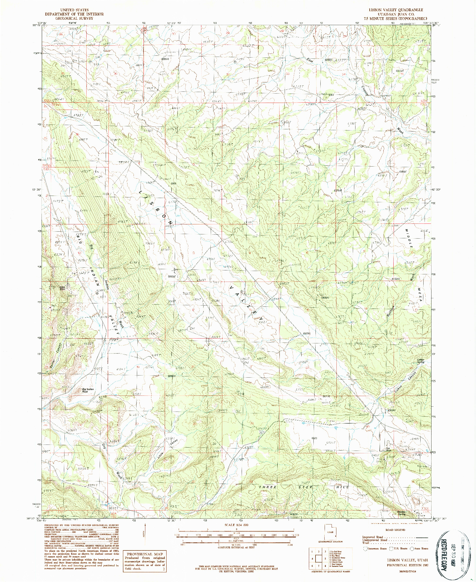 USGS 1:24000-SCALE QUADRANGLE FOR LISBON VALLEY, UT 1987