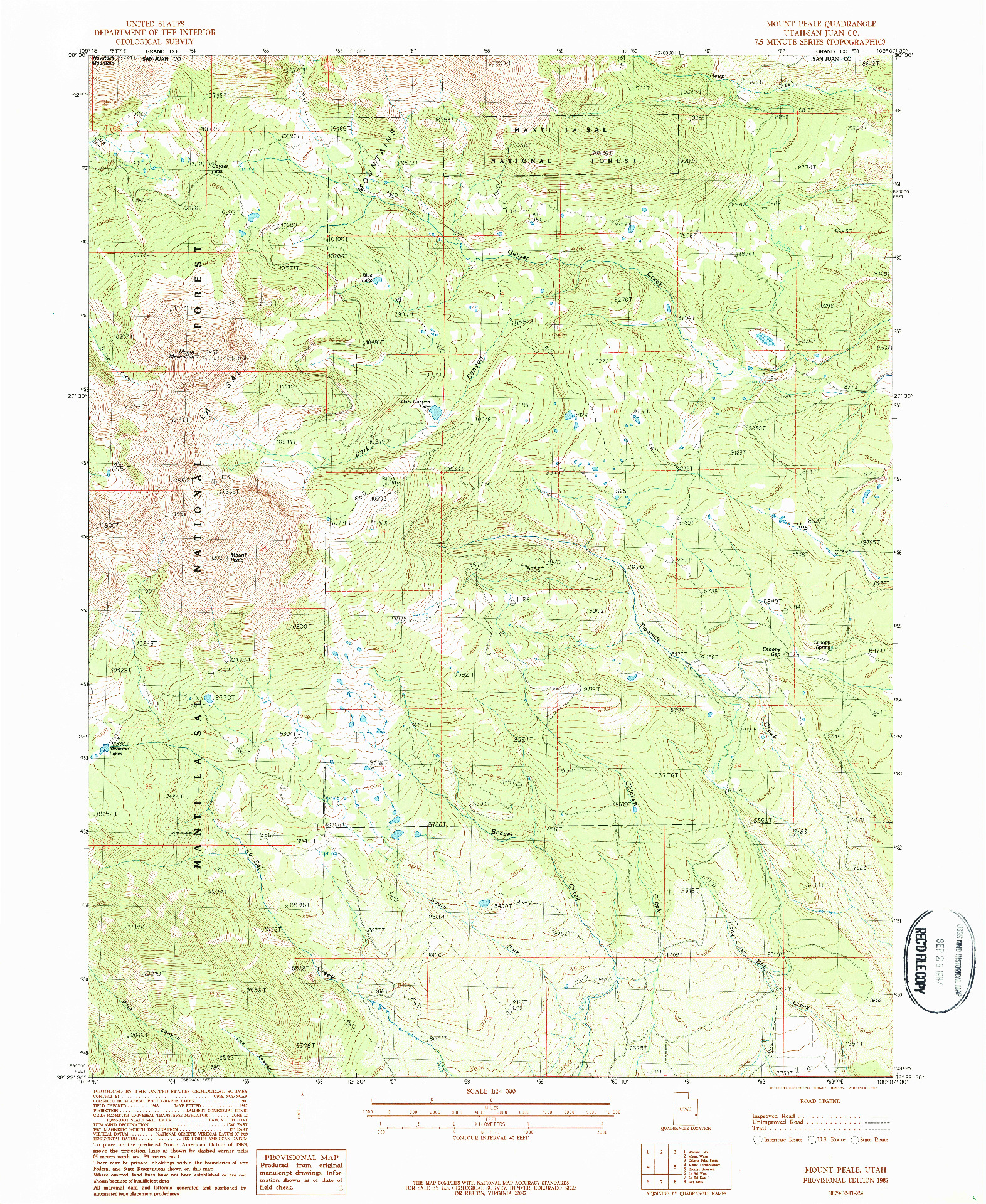 USGS 1:24000-SCALE QUADRANGLE FOR MOUNT PEALE, UT 1987