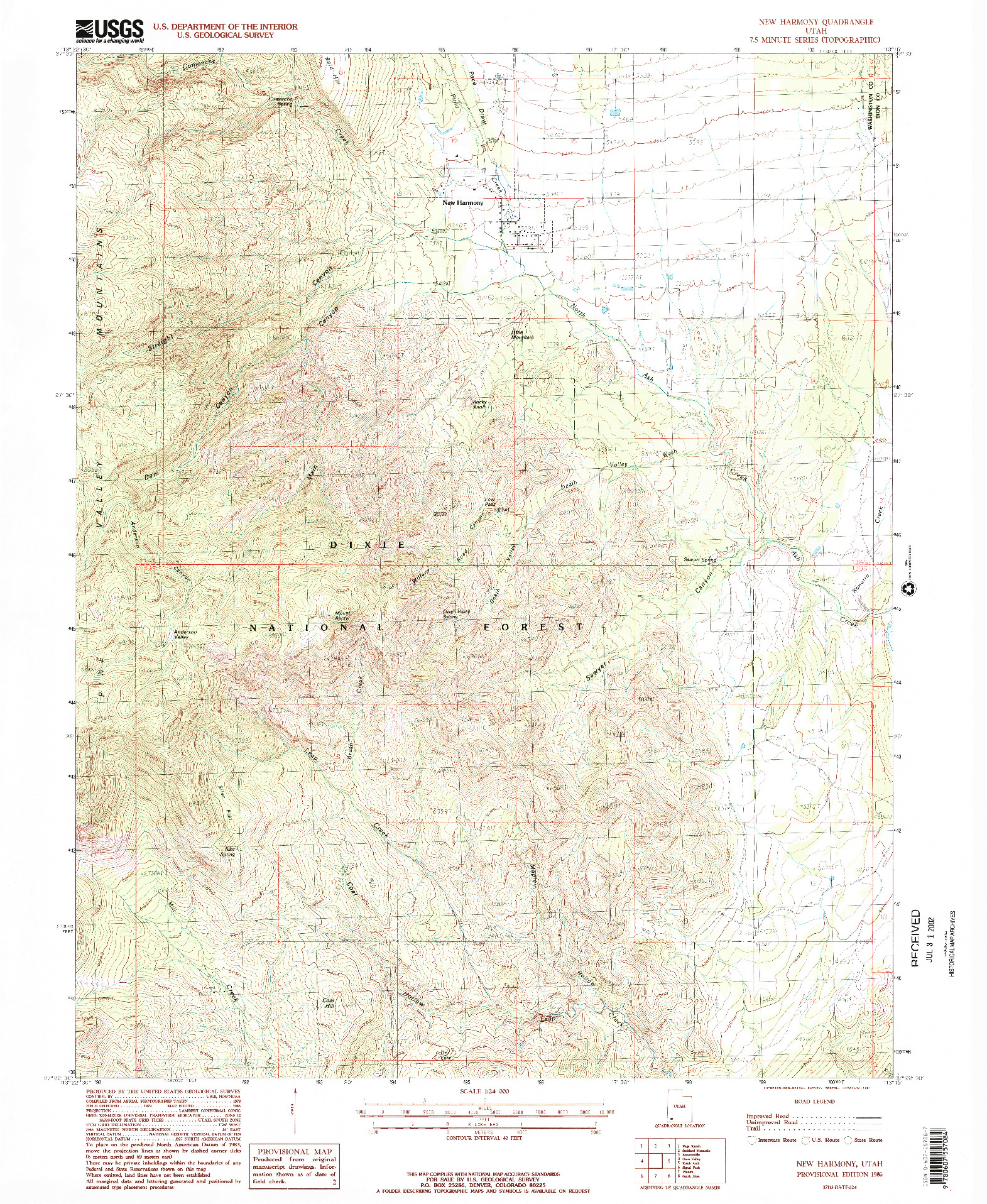 USGS 1:24000-SCALE QUADRANGLE FOR NEW HARMONY, UT 1986