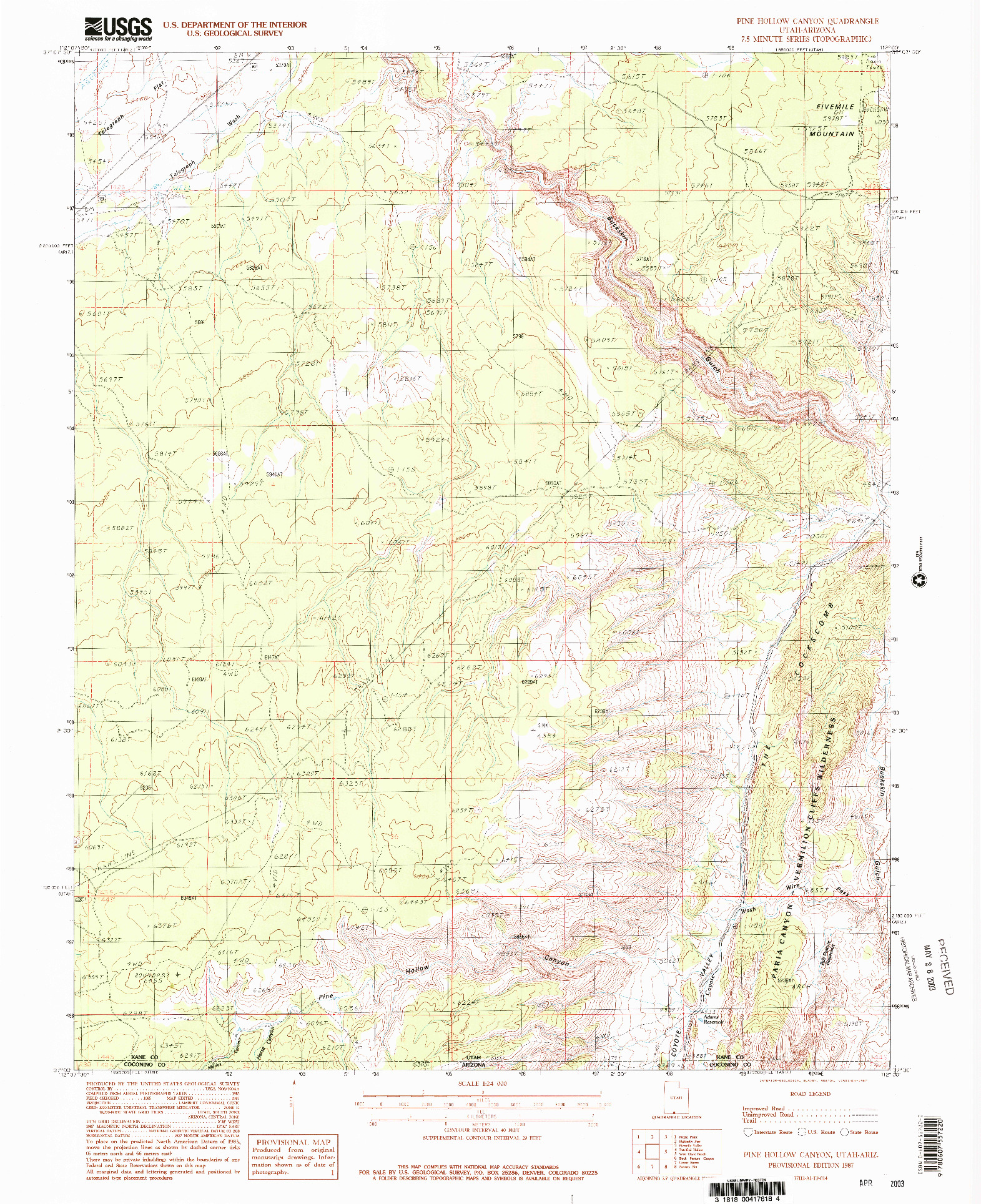 USGS 1:24000-SCALE QUADRANGLE FOR PINE HOLLOW CANYON, UT 1987