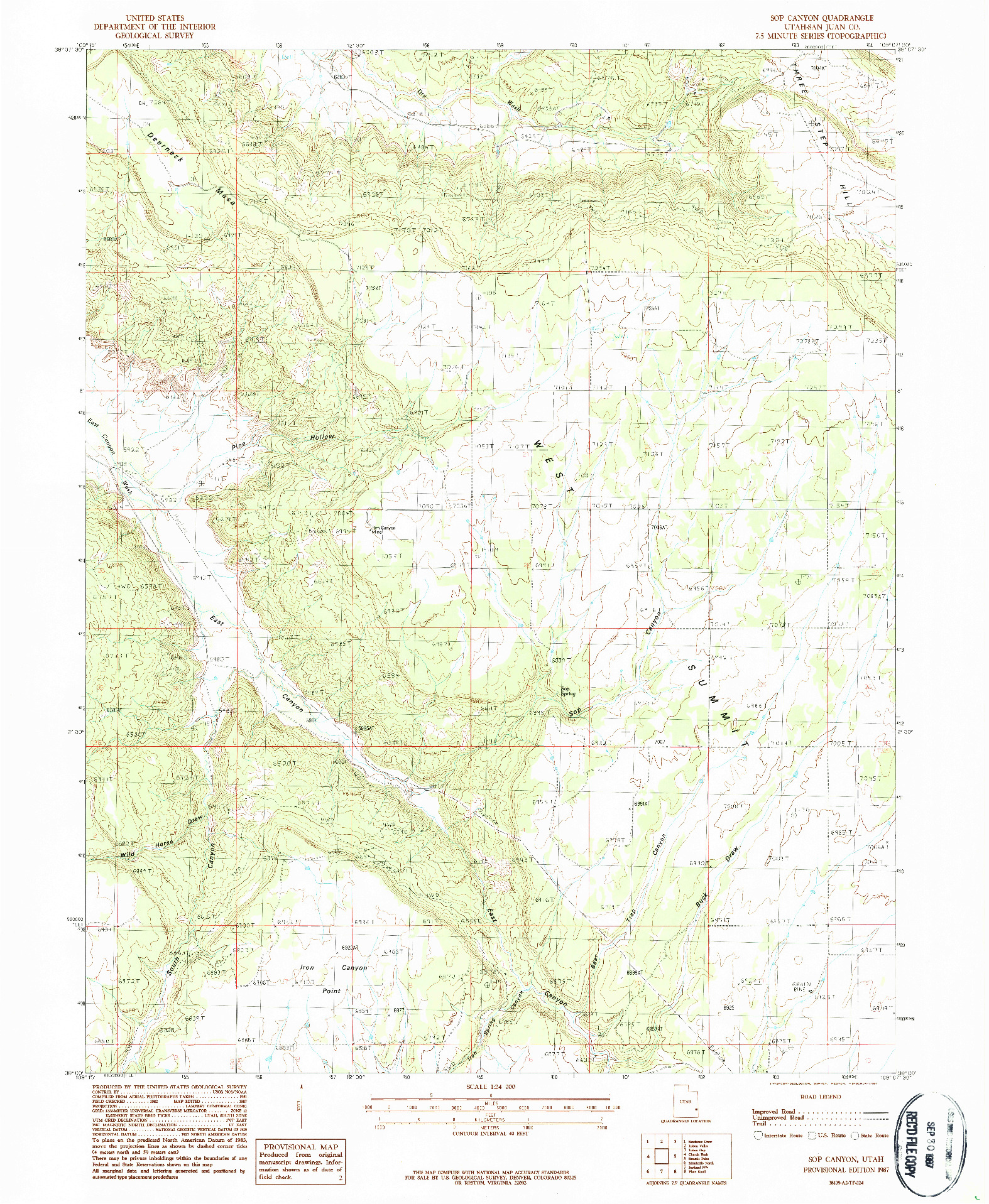 USGS 1:24000-SCALE QUADRANGLE FOR SOP CANYON, UT 1987