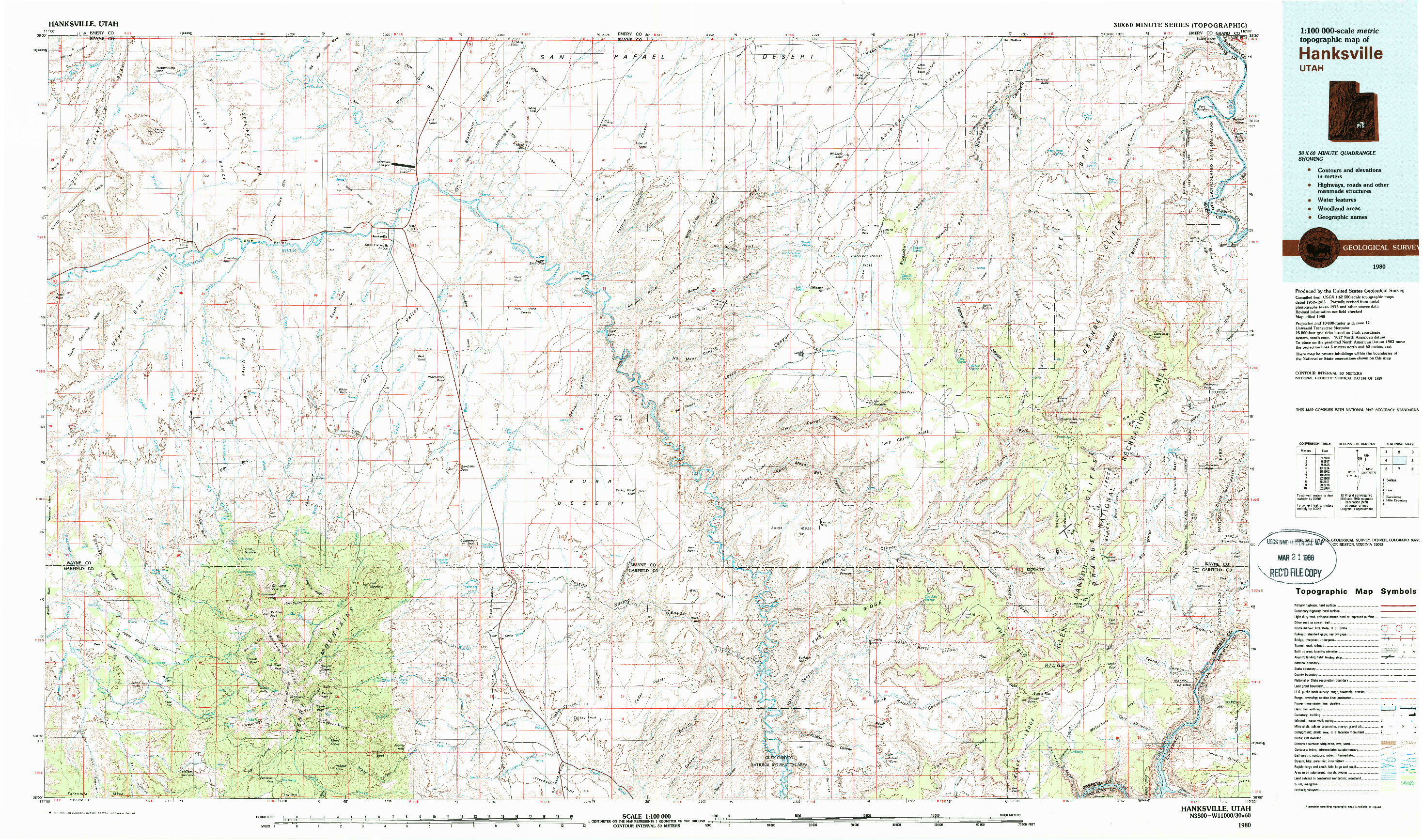 USGS 1:100000-SCALE QUADRANGLE FOR HANKSVILLE, UT 1980