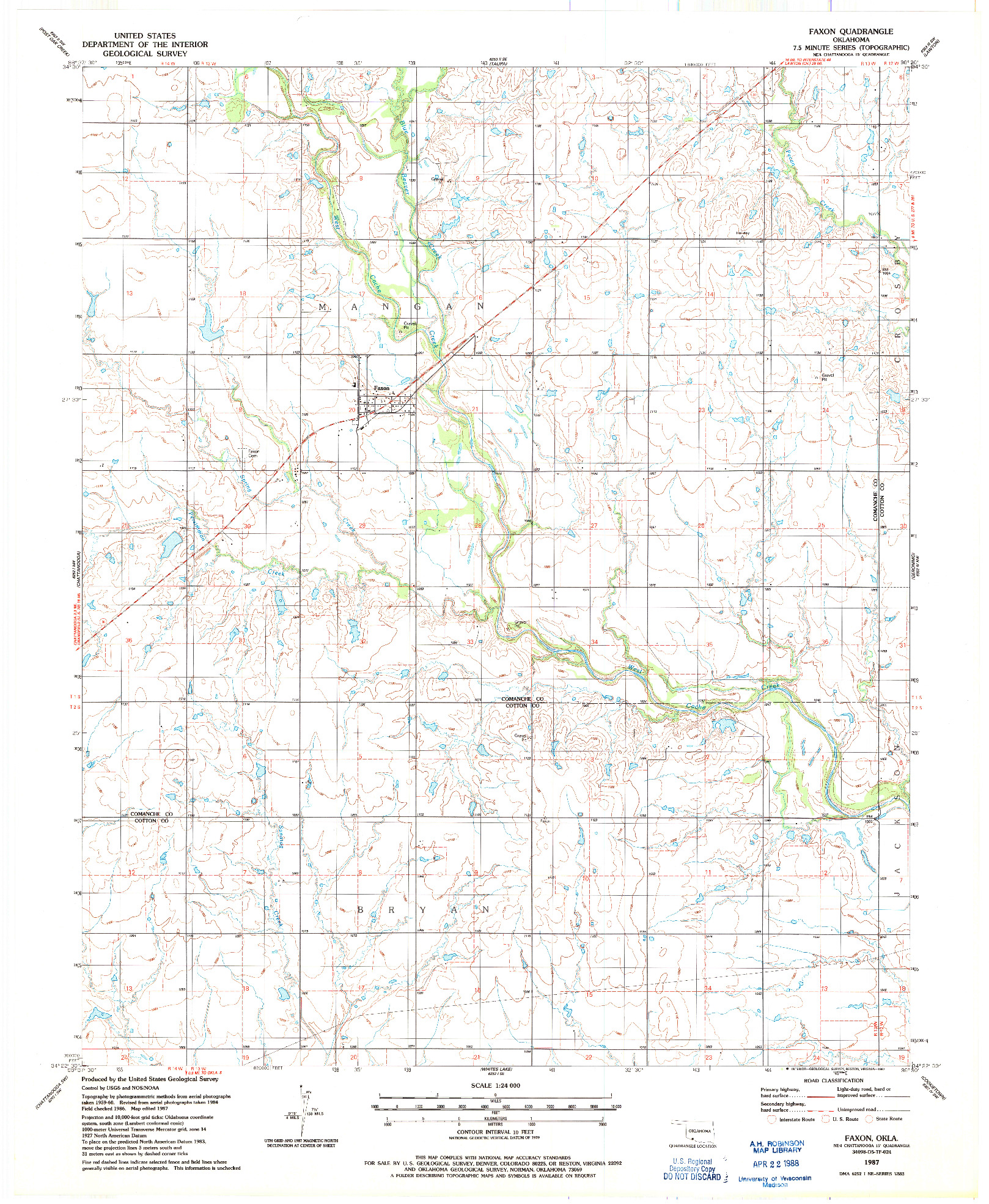 USGS 1:24000-SCALE QUADRANGLE FOR FAXON, OK 1987