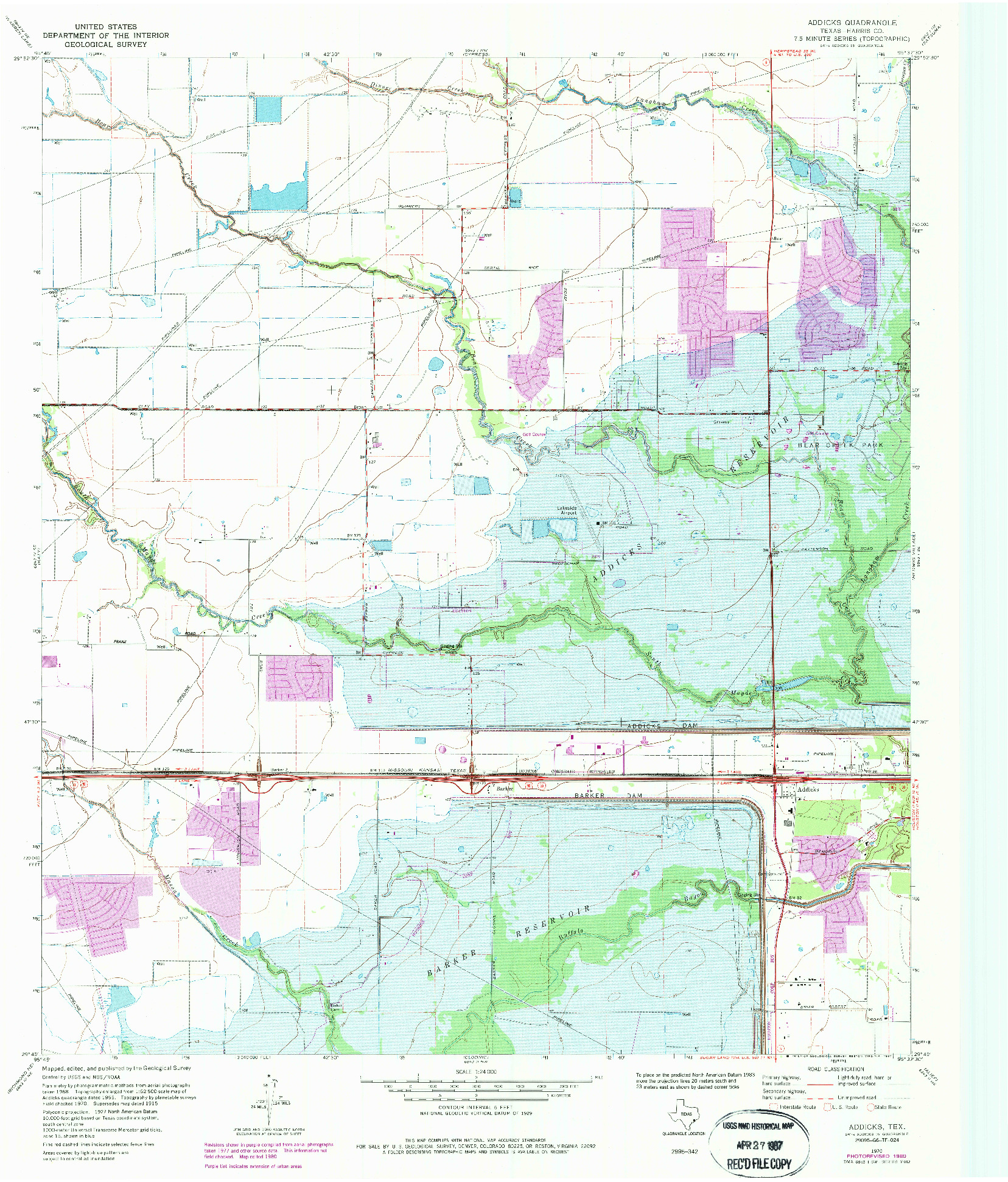 USGS 1:24000-SCALE QUADRANGLE FOR ADDICKS, TX 1970