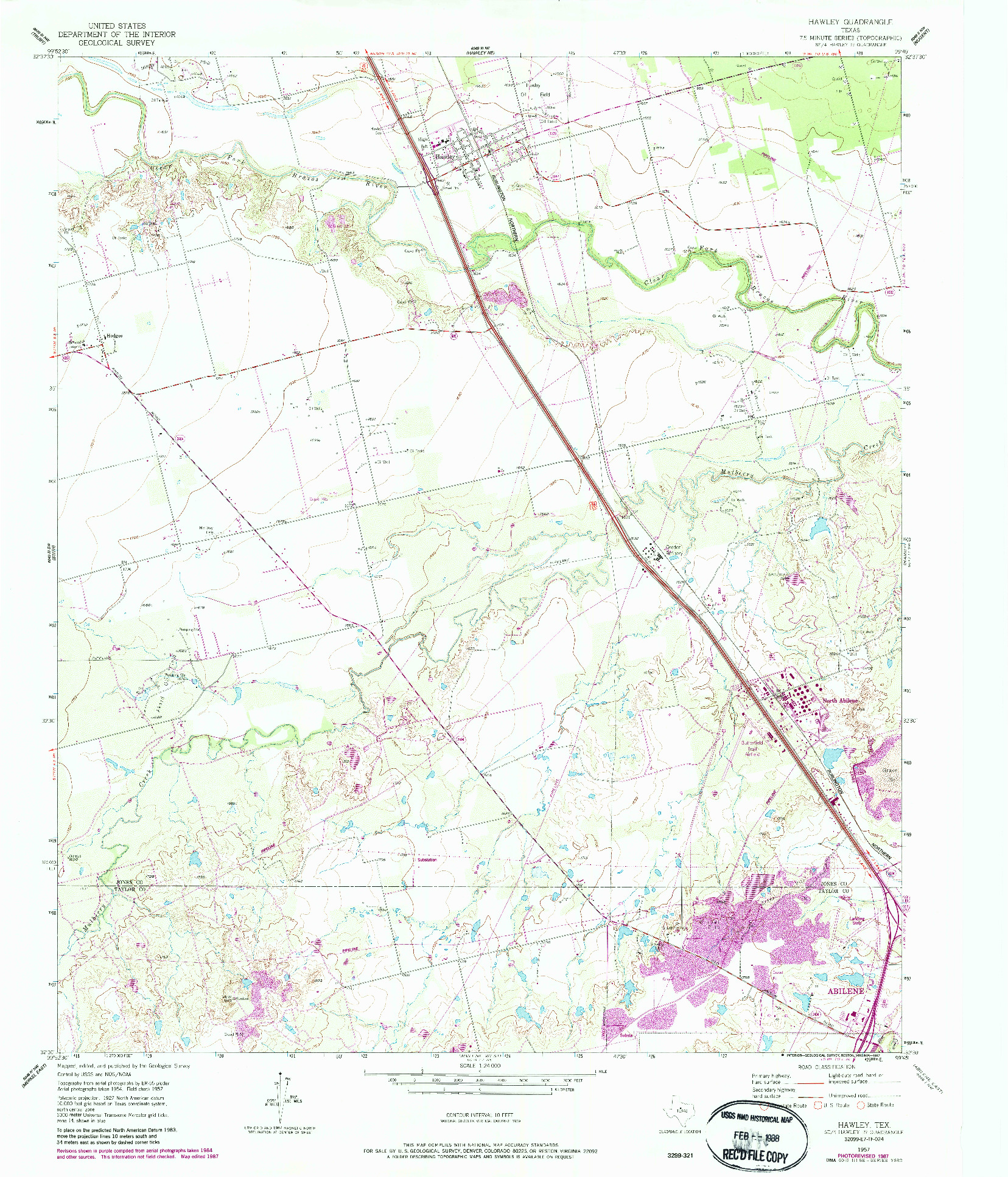 USGS 1:24000-SCALE QUADRANGLE FOR HAWLEY, TX 1957