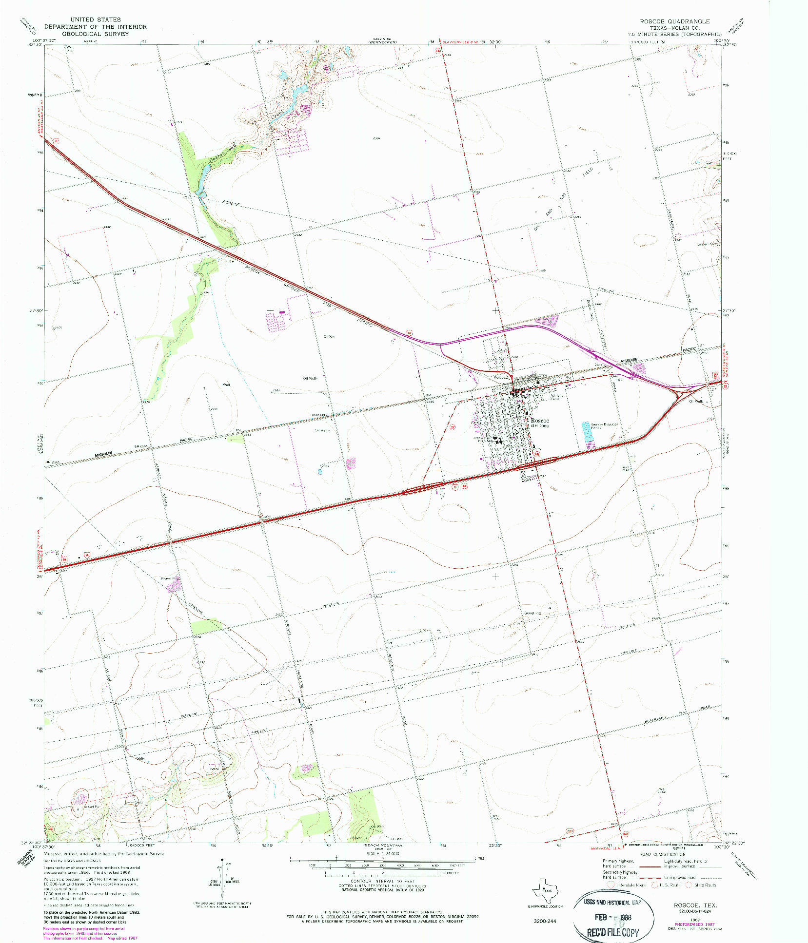 USGS 1:24000-SCALE QUADRANGLE FOR ROSCOE, TX 1969