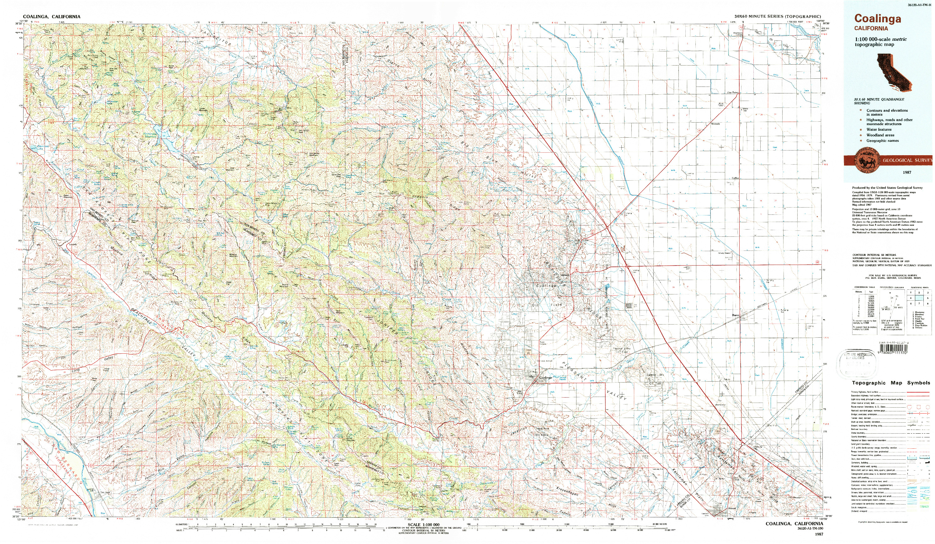 USGS 1:100000-SCALE QUADRANGLE FOR COALINGA, CA 1987